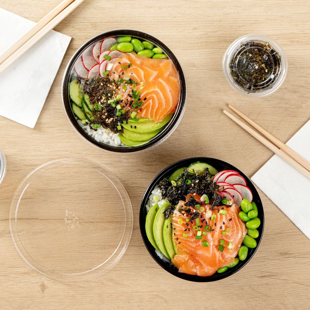 Mini Serve 7 oz Round Black Plastic Salad Bowl - 5" x 5" x 1 3/4" - 200 count box