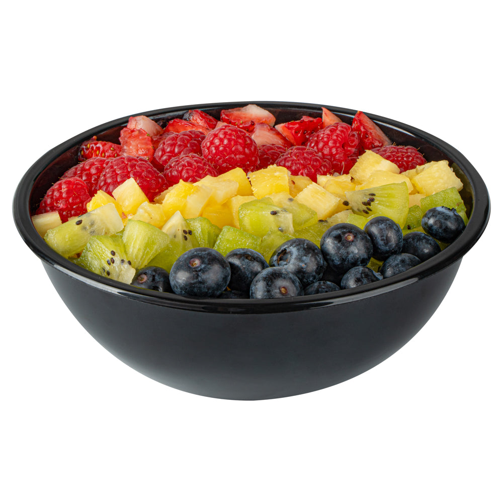 Maxi Serve 18 oz Round Black Plastic Salad Bowl - 6" x 6" x 2 1/2" - 200 count box