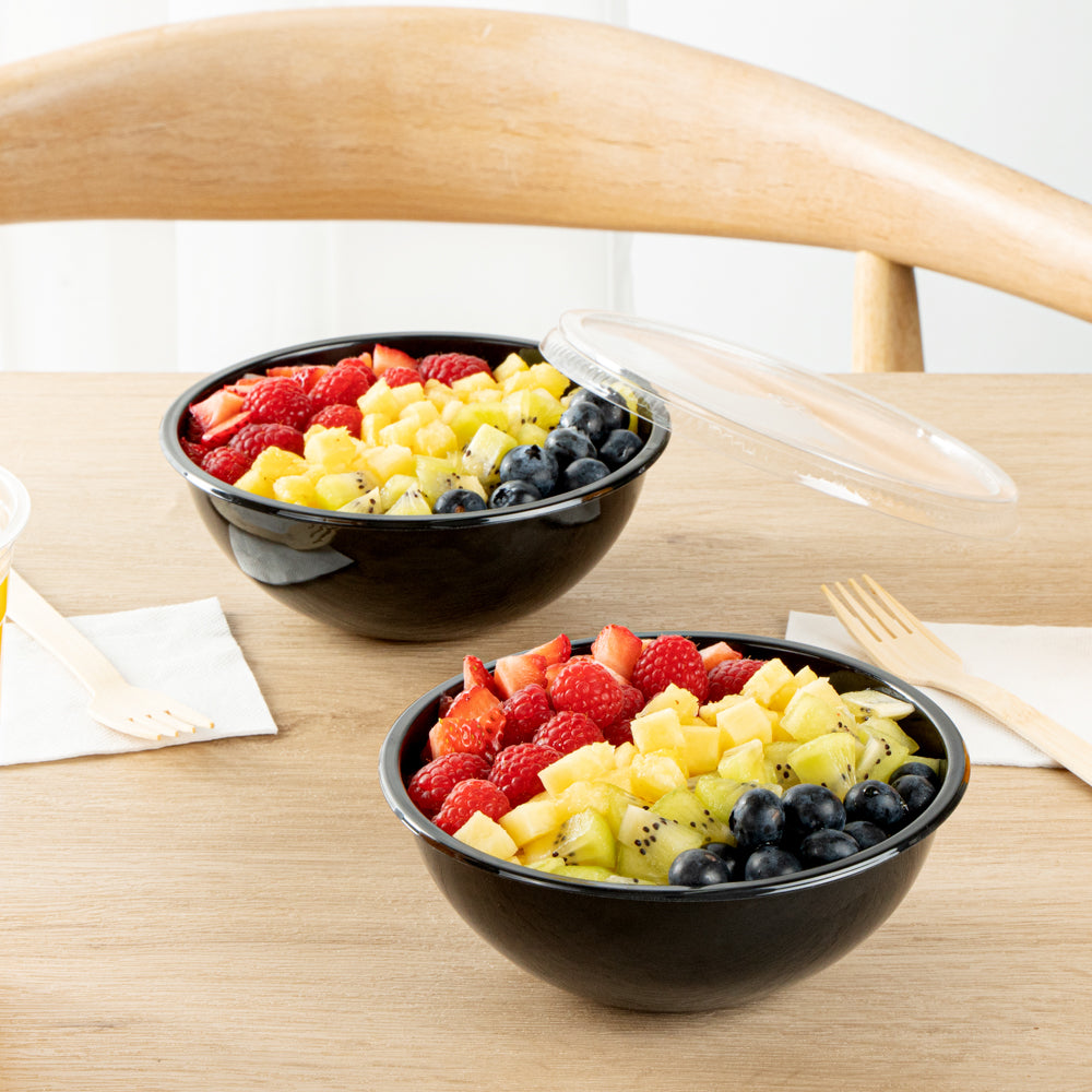 Maxi Serve 18 oz Round Black Plastic Salad Bowl - 6" x 6" x 2 1/2" - 200 count box