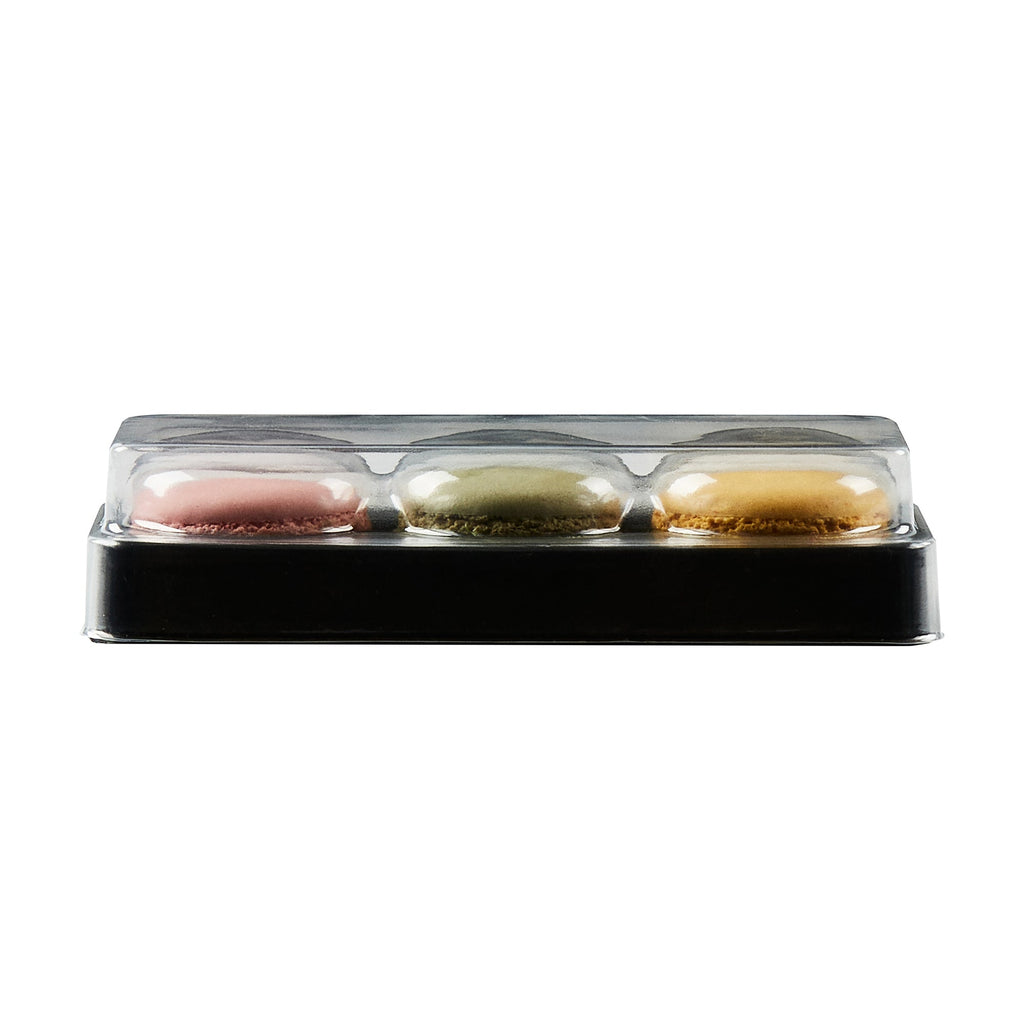 Shock Safe Rectangle Black Plastic Macaron Take Out Box - Fits 3 Macarons - 5 3/4" x 2 1/4" x 1 1/2" - 100 count box