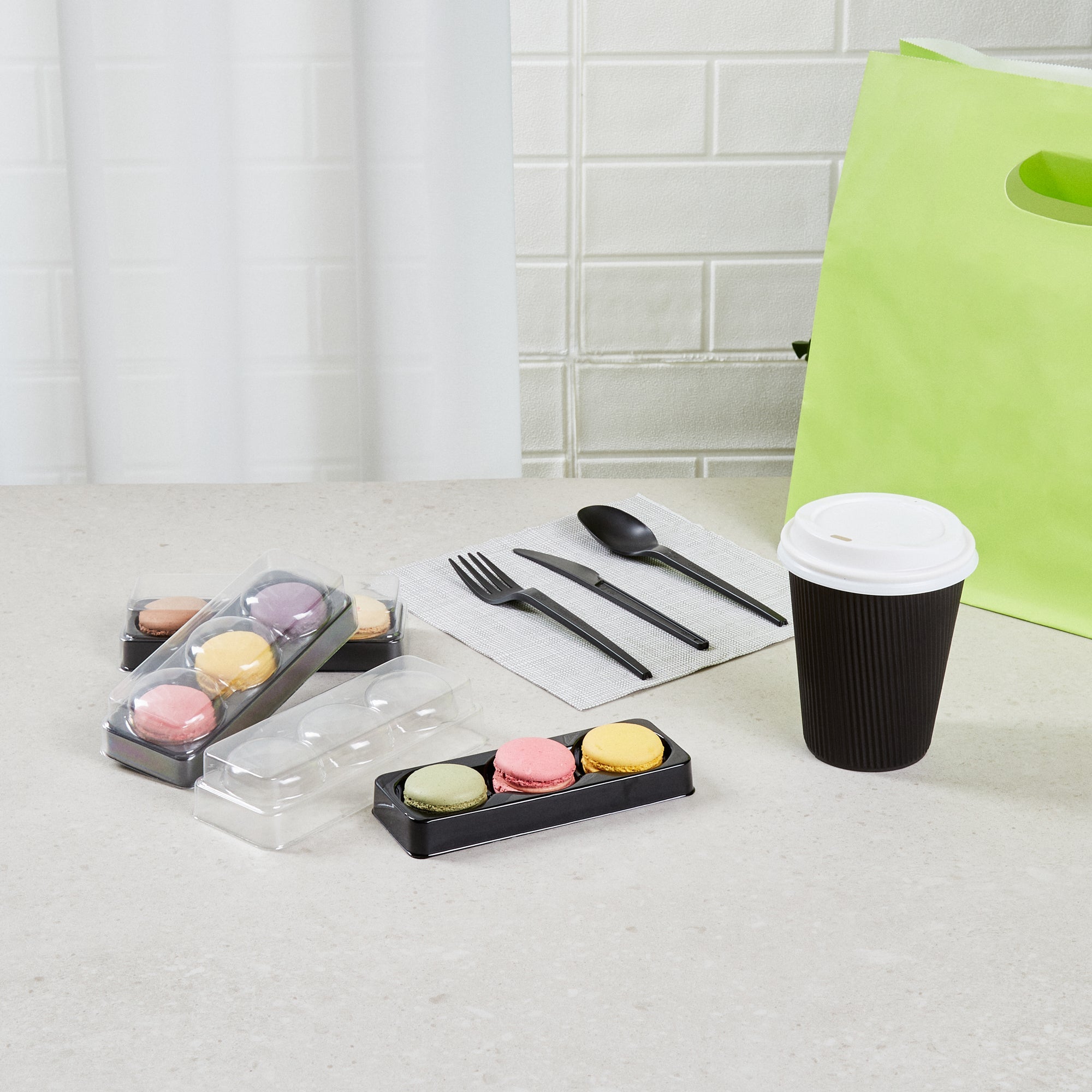 Shock Safe Rectangle Black Plastic Macaron Take Out Box - Fits 3 Macarons - 5 3/4" x 2 1/4" x 1 1/2" - 100 count box