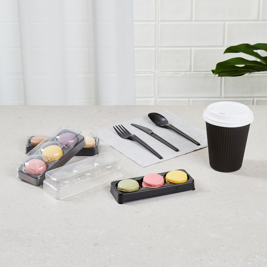 Shock Safe Rectangle Black Plastic Macaron Take Out Box - Fits 3 Macarons - 5 3/4" x 2 1/4" x 1 1/2" - 100 count box
