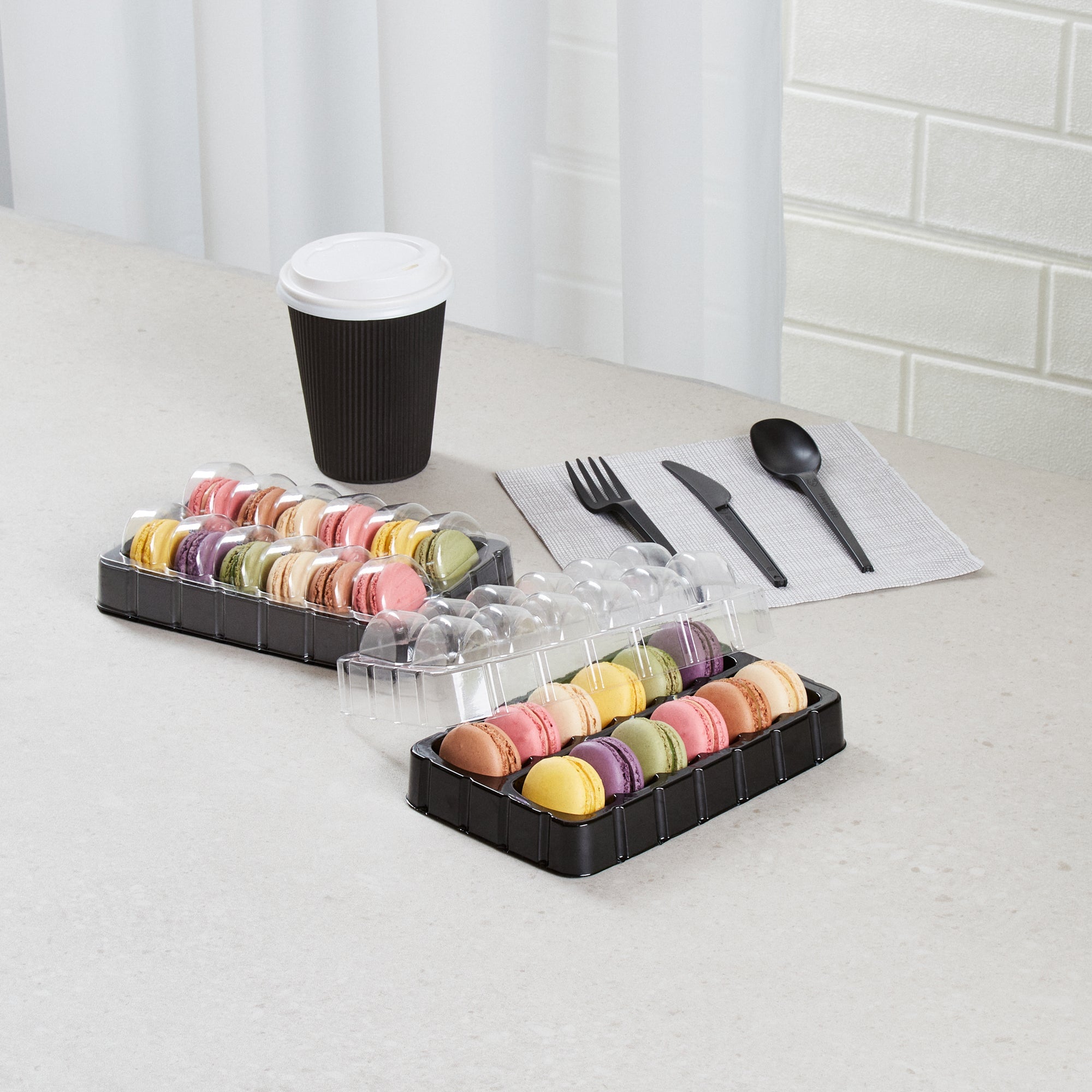 Shock Safe Rectangle Black Plastic Macaron Take Out Box - Fits 12 Macarons - 11" x 4 1/2" x 2" - 100 count box