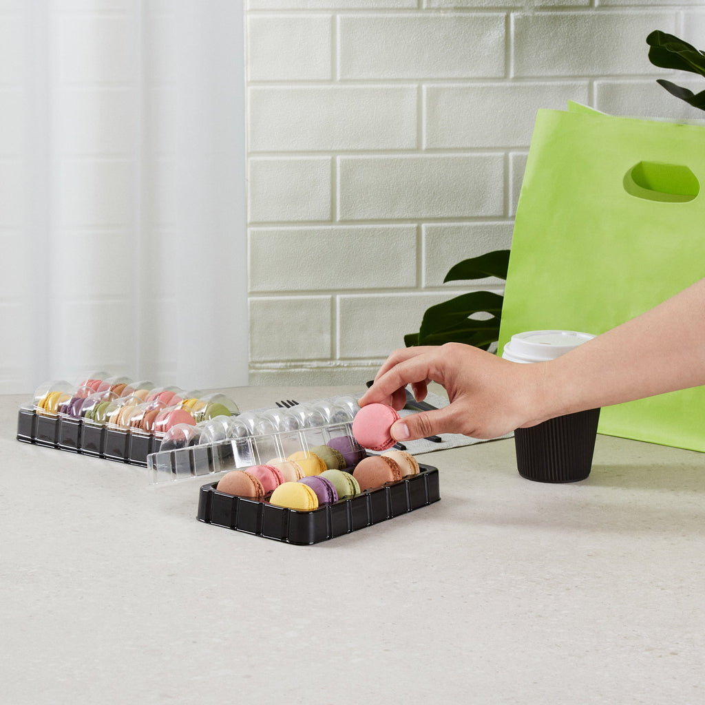Shock Safe Rectangle Black Plastic Macaron Take Out Box - Fits 12 Macarons - 11" x 4 1/2" x 2" - 100 count box