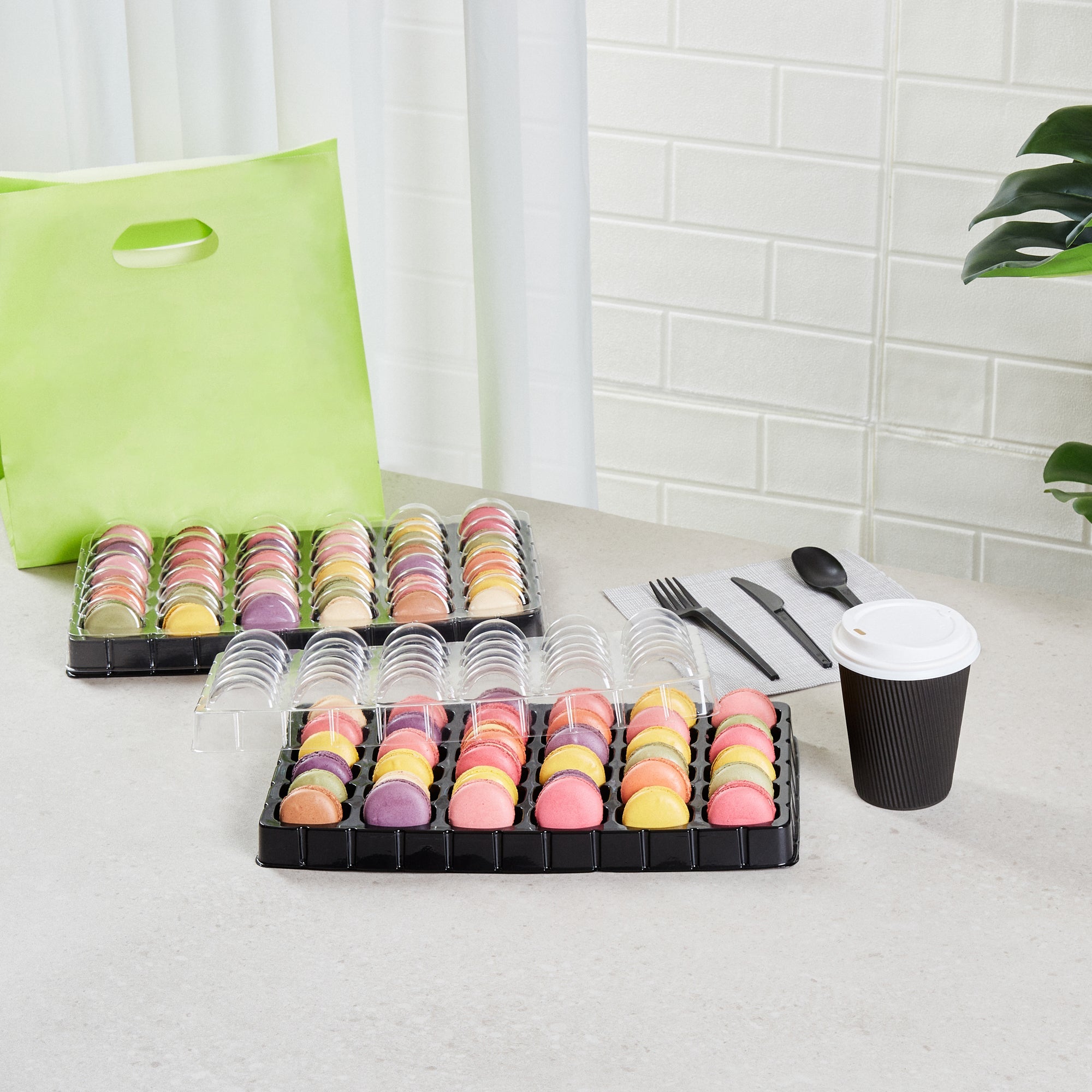 Shock Safe Rectangle Black Plastic Macaron Take Out Box - Fits 36 Macarons - 13 1/4" x 11" x 2" - 100 count box