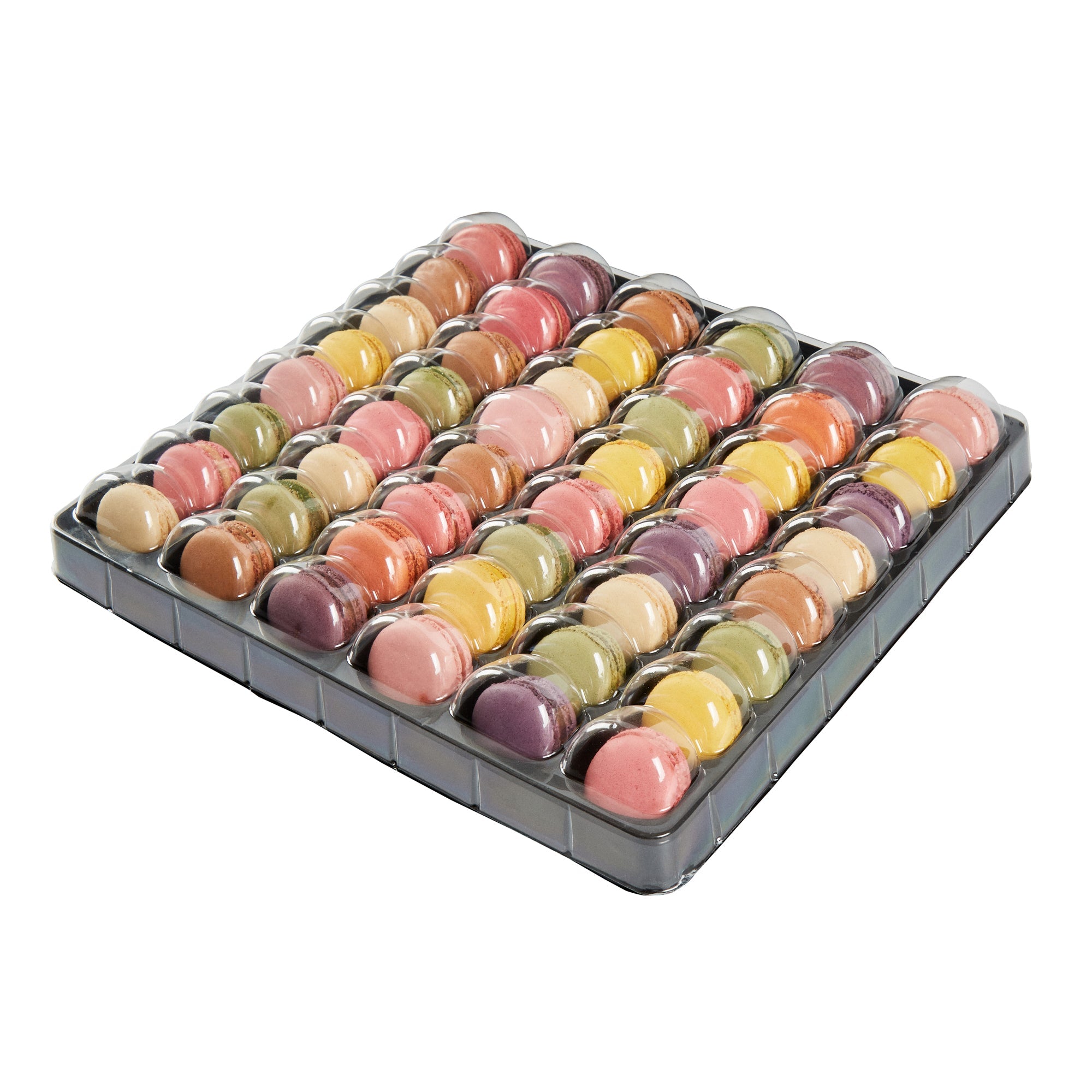 Shock Safe Rectangle Black Plastic Macaron Take Out Box - Fits 48 Macarons - 13 1/4" x 13 1/4" x 2" - 100 count box