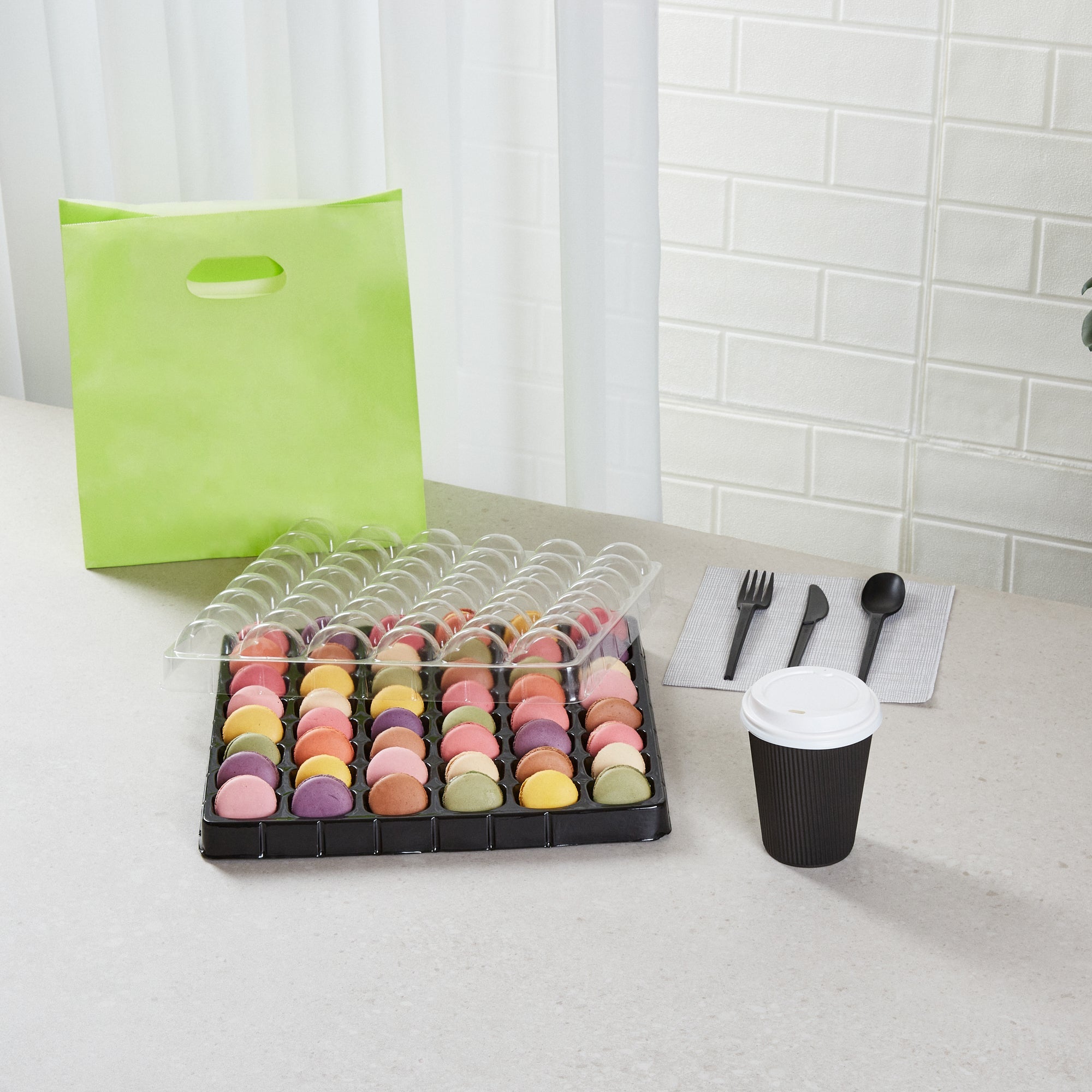 Shock Safe Rectangle Black Plastic Macaron Take Out Box - Fits 48 Macarons - 13 1/4" x 13 1/4" x 2" - 100 count box