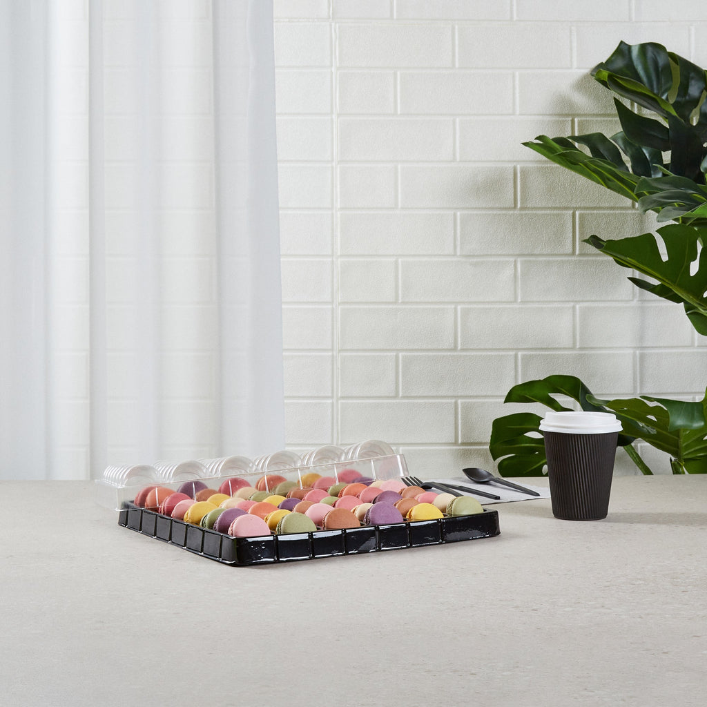 Shock Safe Rectangle Black Plastic Macaron Take Out Box - Fits 48 Macarons - 13 1/4" x 13 1/4" x 2" - 100 count box