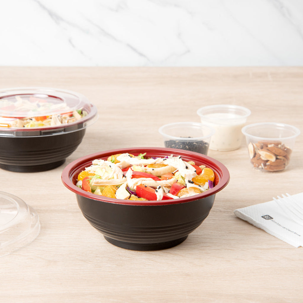 Bento Tek 18 oz Round Black and Red Plastic Small Asian Panda Bowl - with Clear Lid, Microwavable - 6" x 6" x 2 1/2" - 200 count box