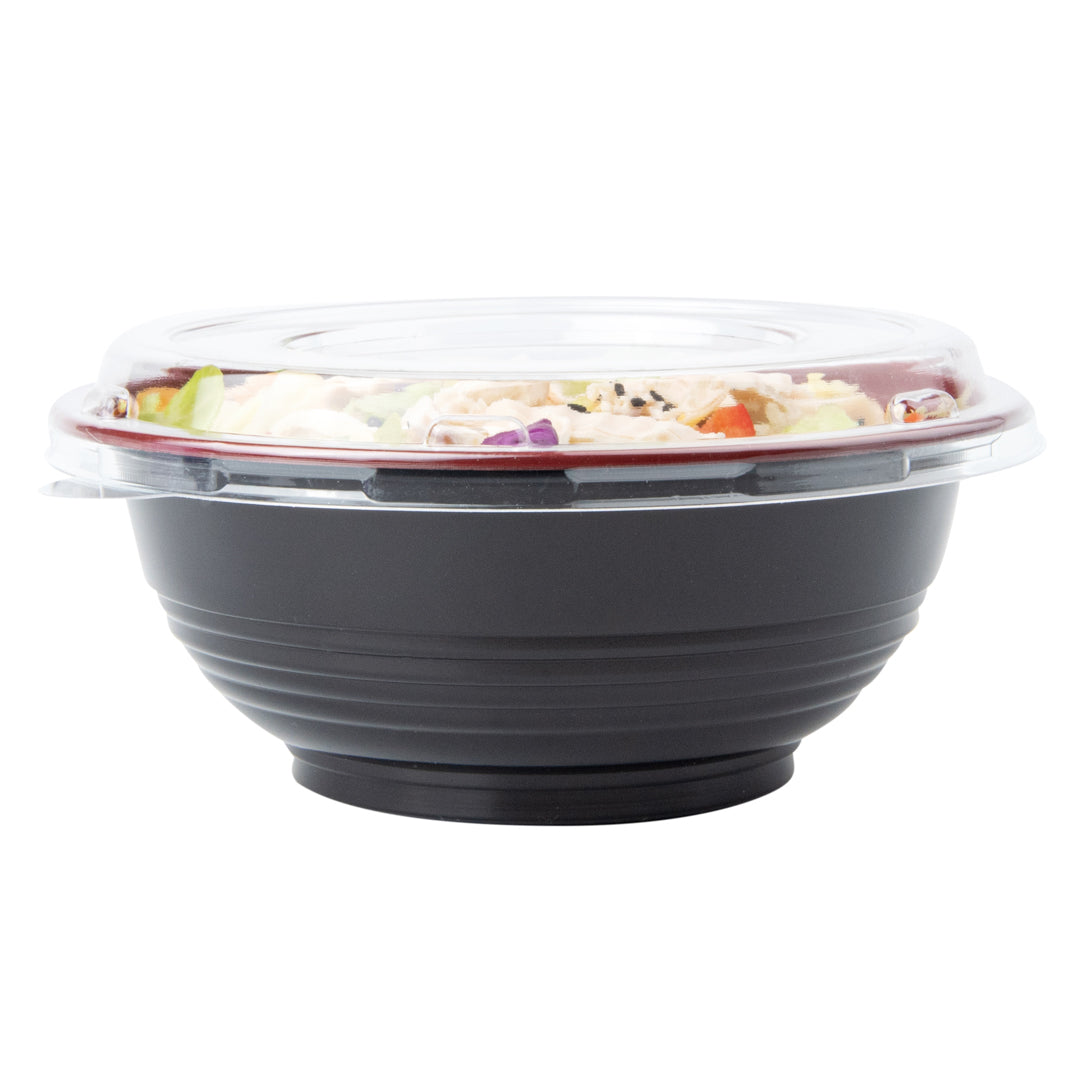 Bento Tek 18 oz Round Black and Red Plastic Small Asian Panda Bowl - with Clear Lid, Microwavable - 6" x 6" x 2 1/2" - 200 count box