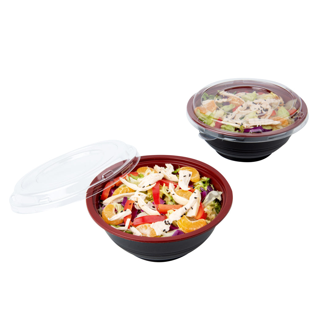 Bento Tek 18 oz Round Black and Red Plastic Small Asian Panda Bowl - with Clear Lid, Microwavable - 6" x 6" x 2 1/2" - 200 count box