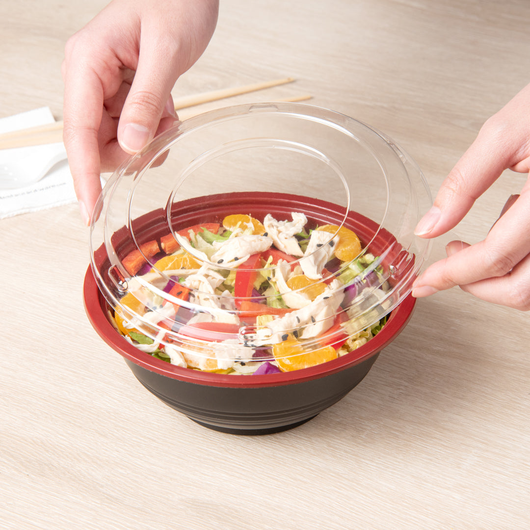 Bento Tek 18 oz Round Black and Red Plastic Small Asian Panda Bowl - with Clear Lid, Microwavable - 6" x 6" x 2 1/2" - 200 count box