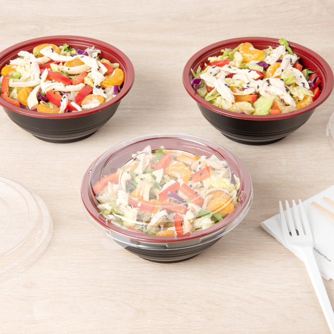 Bento Tek 18 oz Round Black and Red Plastic Small Asian Panda Bowl - with Clear Lid, Microwavable - 6" x 6" x 2 1/2" - 200 count box