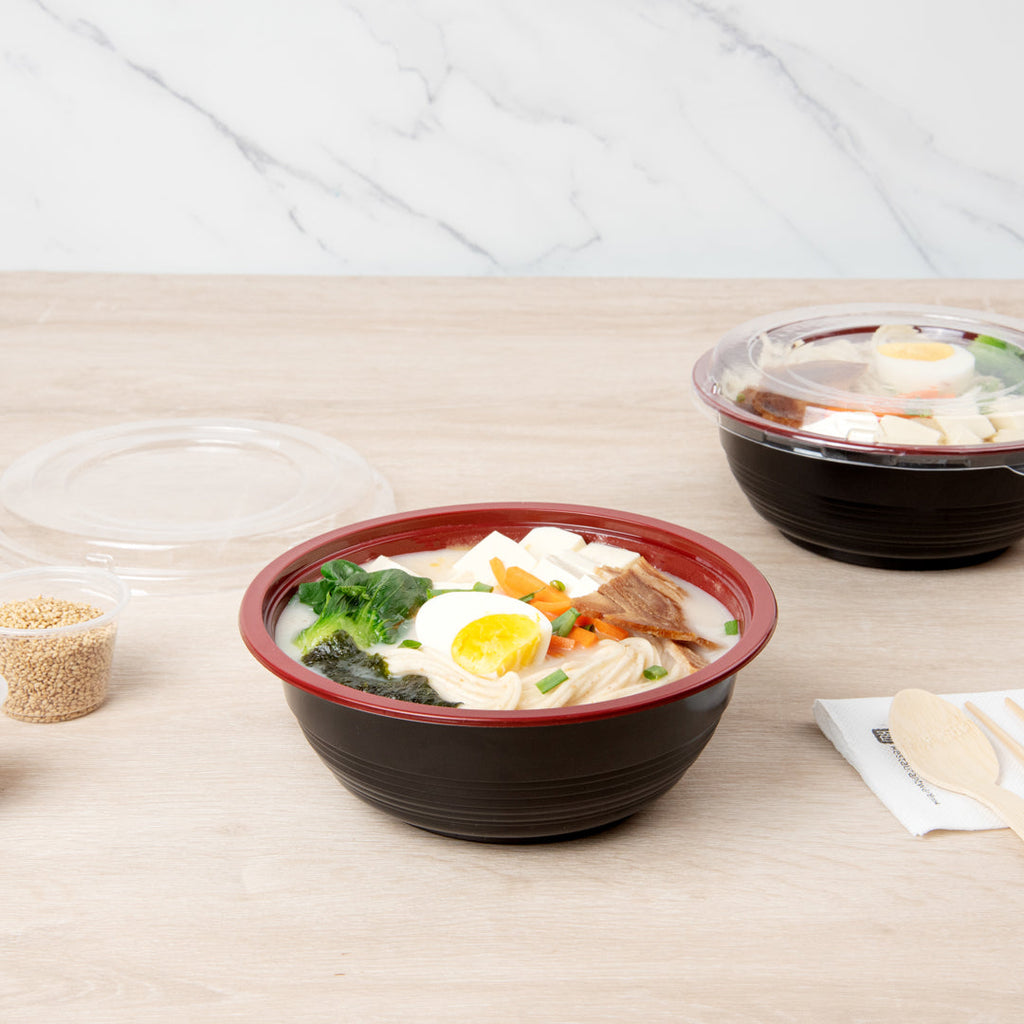 Bento Tek 34 oz Round Black and Red Plastic Large Asian Panda Bowl - with Clear Lid, Microwavable - 7 1/4" x 7 1/4" x 2 3/4" - 200 count box