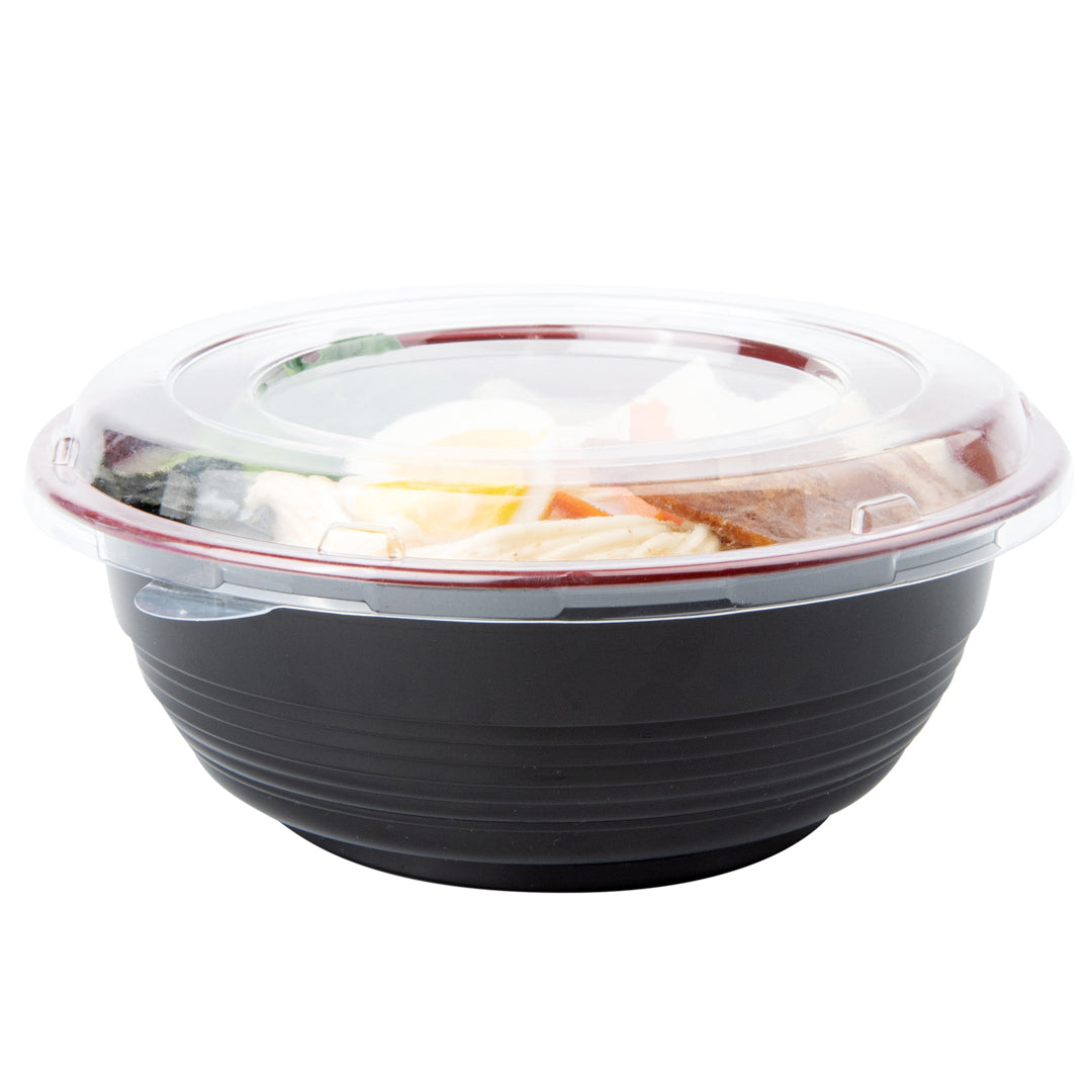 Bento Tek 34 oz Round Black and Red Plastic Large Asian Panda Bowl - with Clear Lid, Microwavable - 7 1/4" x 7 1/4" x 2 3/4" - 200 count box