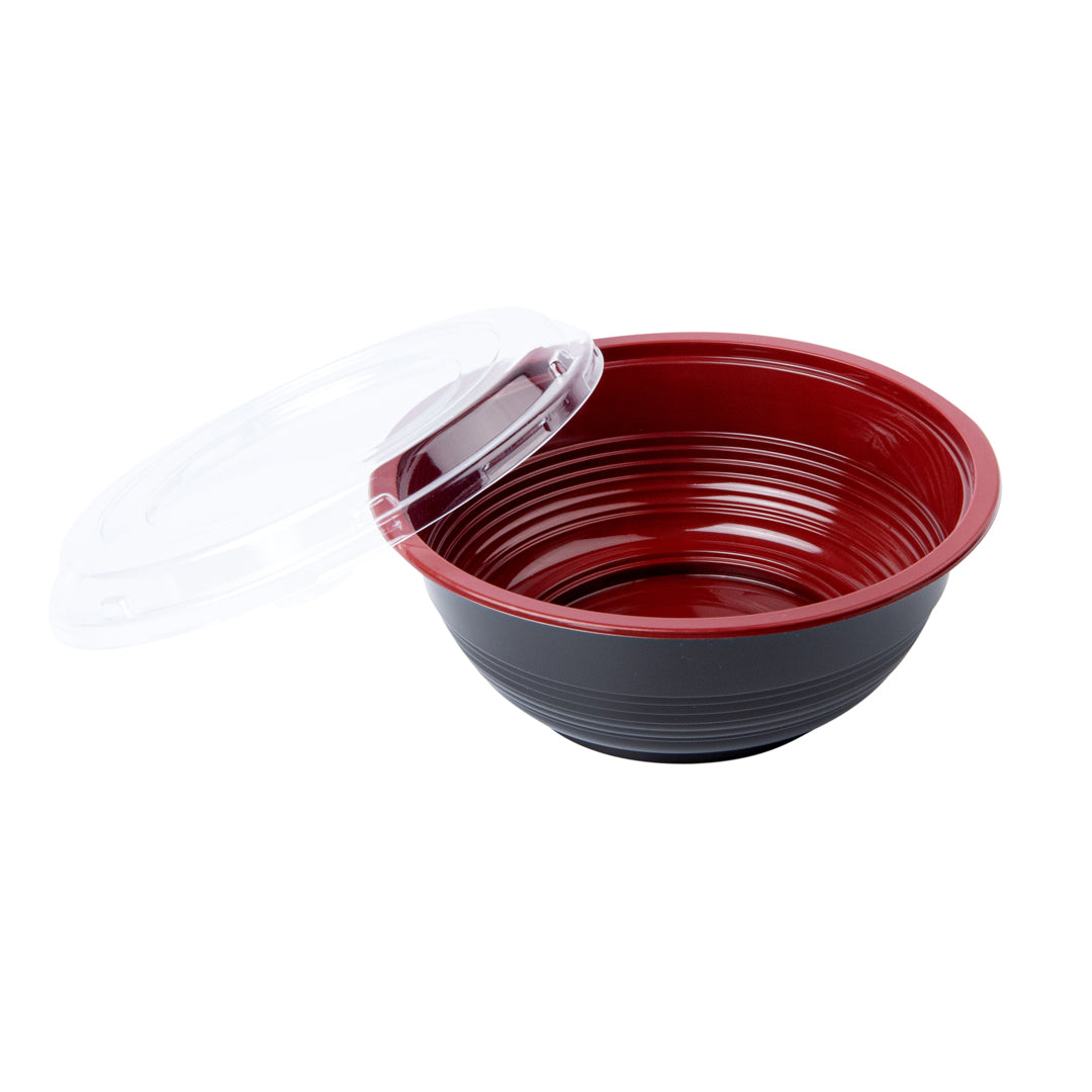 Bento Tek 34 oz Round Black and Red Plastic Large Asian Panda Bowl - with Clear Lid, Microwavable - 7 1/4" x 7 1/4" x 2 3/4" - 200 count box
