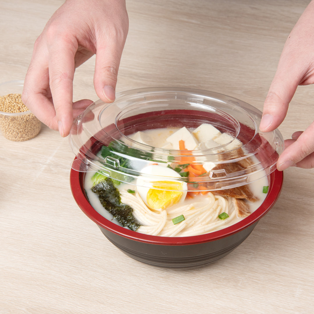 Bento Tek 34 oz Round Black and Red Plastic Large Asian Panda Bowl - with Clear Lid, Microwavable - 7 1/4" x 7 1/4" x 2 3/4" - 200 count box