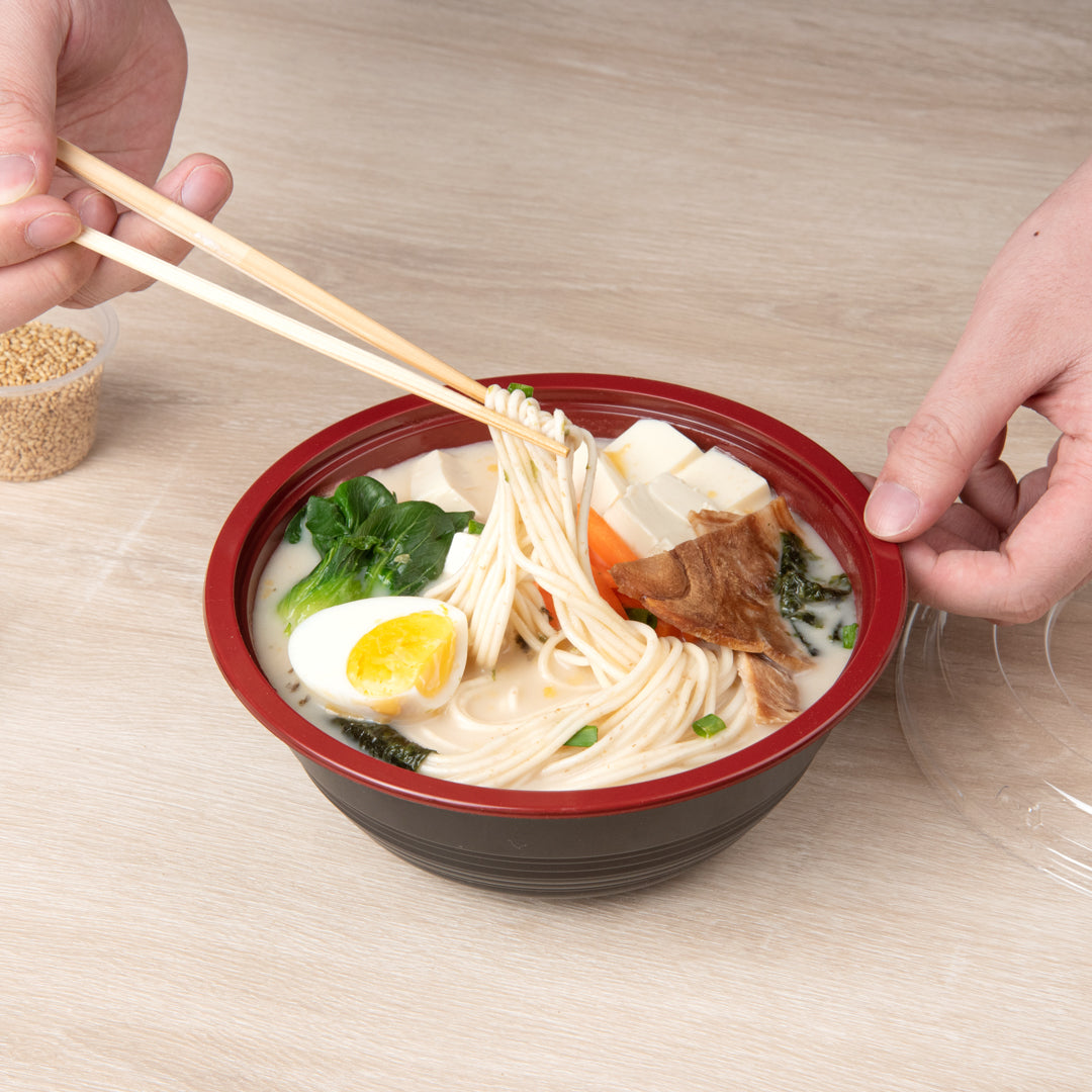 Bento Tek 34 oz Round Black and Red Plastic Large Asian Panda Bowl - with Clear Lid, Microwavable - 7 1/4" x 7 1/4" x 2 3/4" - 200 count box