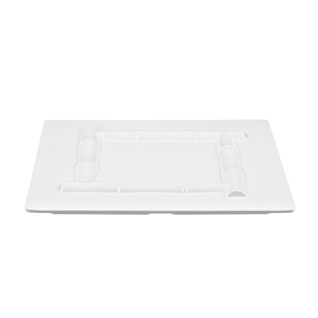 Voga Square White Melamine Plate - Bamboo Trim - 12" x 12" x 1" - 10 count box
