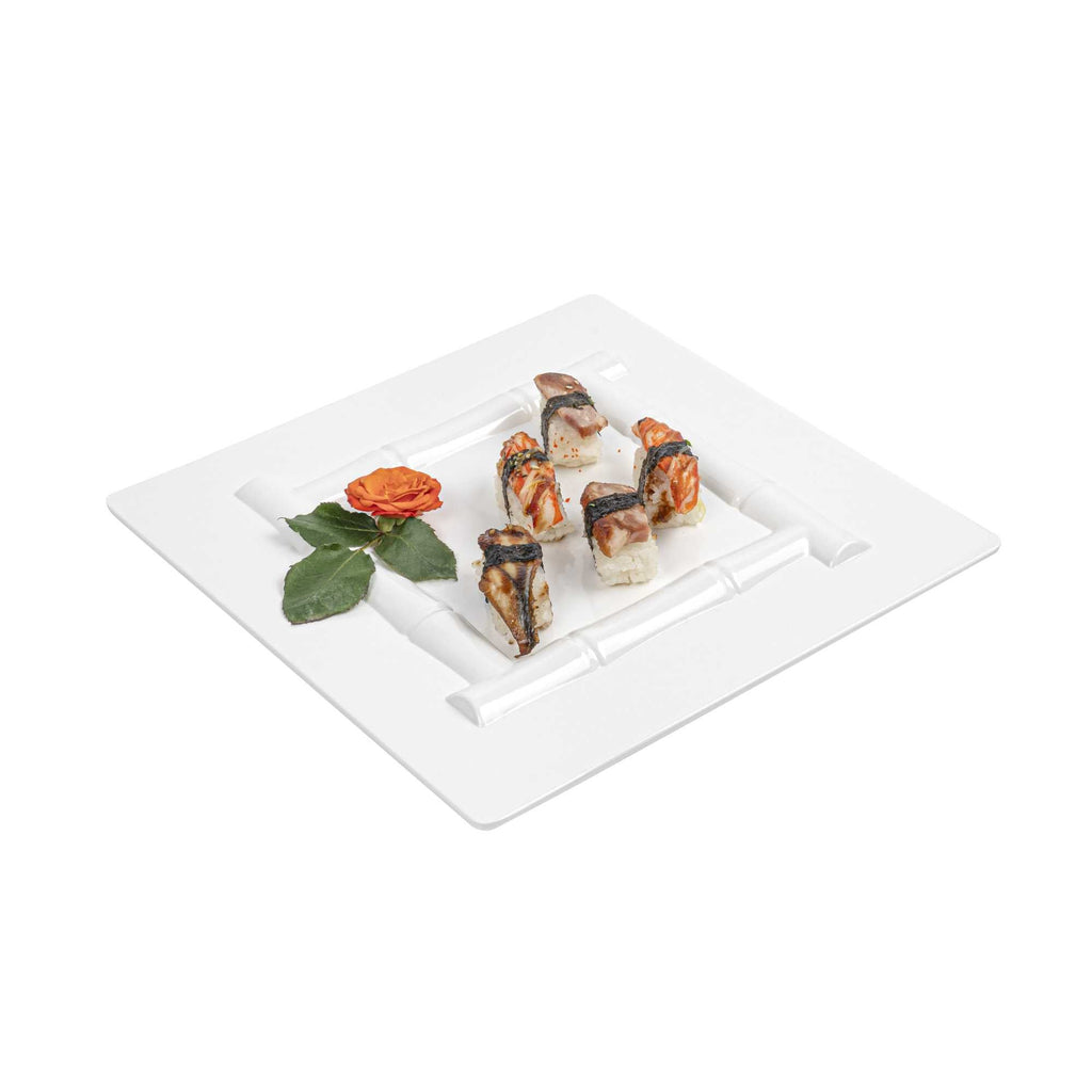 Voga Square White Melamine Plate - Bamboo Trim - 12" x 12" x 1" - 10 count box