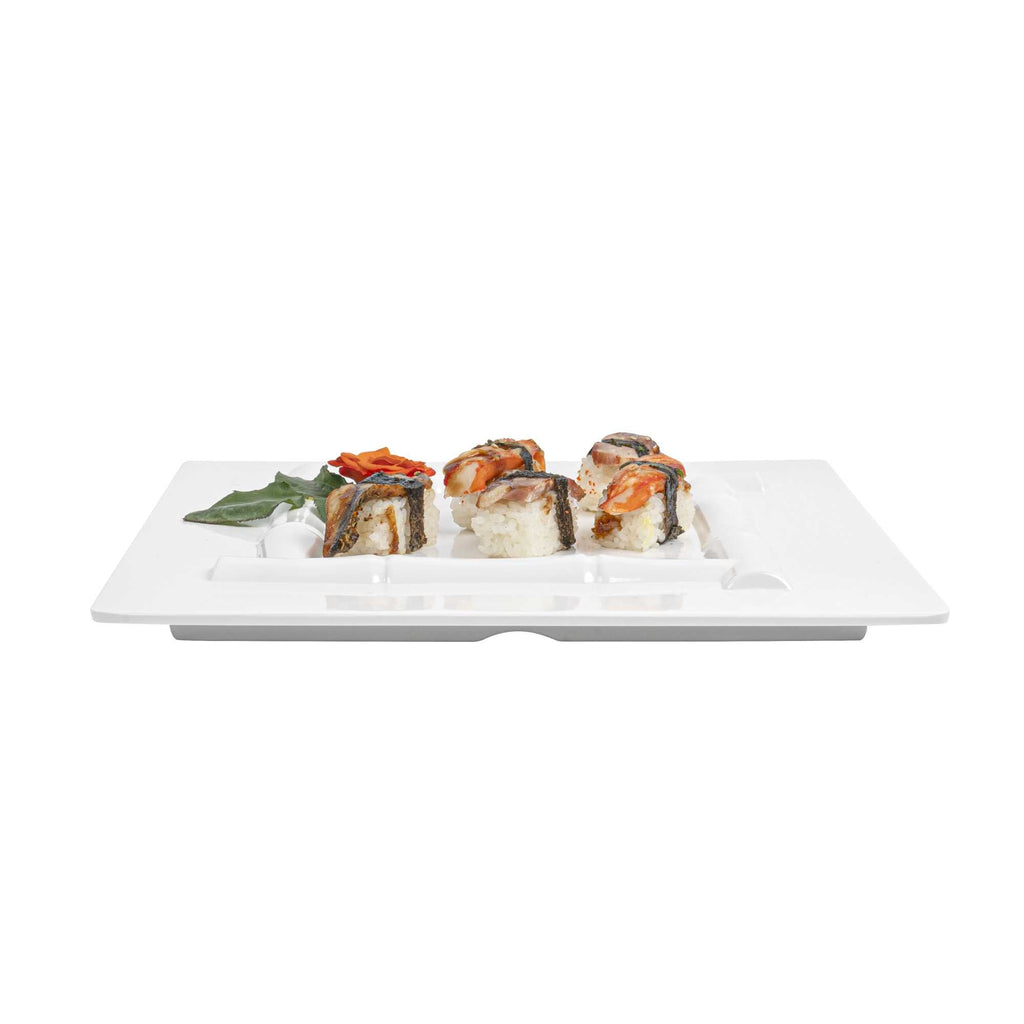 Voga Square White Melamine Plate - Bamboo Trim - 12" x 12" x 1" - 10 count box