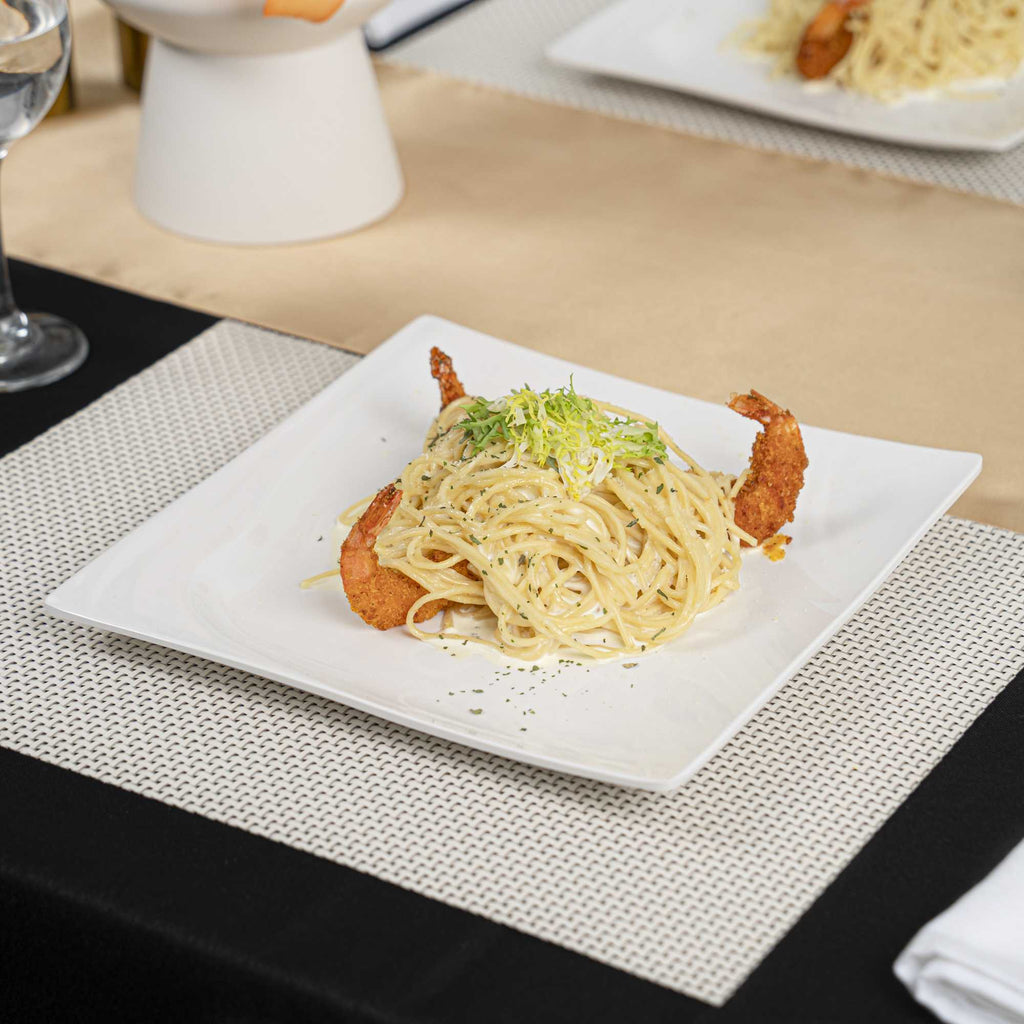 Voga Square White Melamine Medium Plate - Flare - 10" x 10" x 3/4" - 10 count box