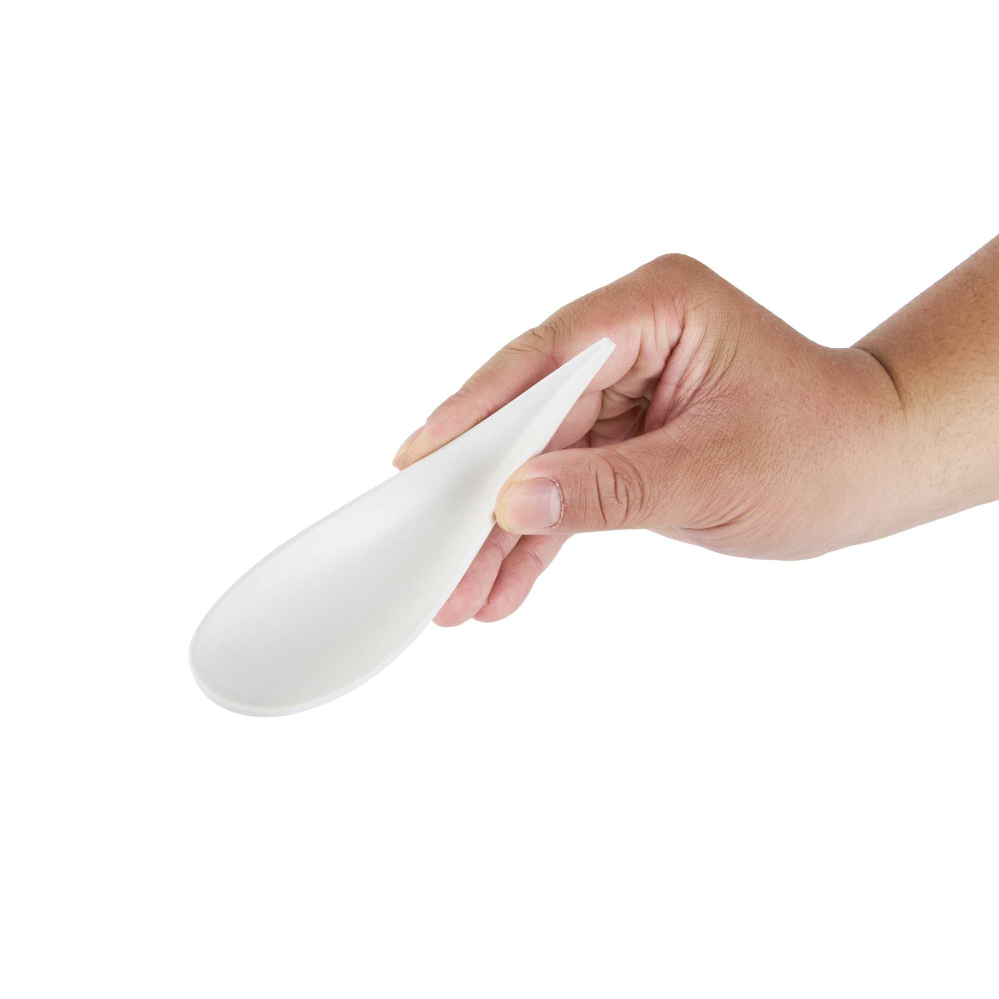 Voga Teardrop White Melamine Tasting Spoon - Japonais, Moderna - 4 1/4" x 1 3/4" x 1 3/4" - 10 count box