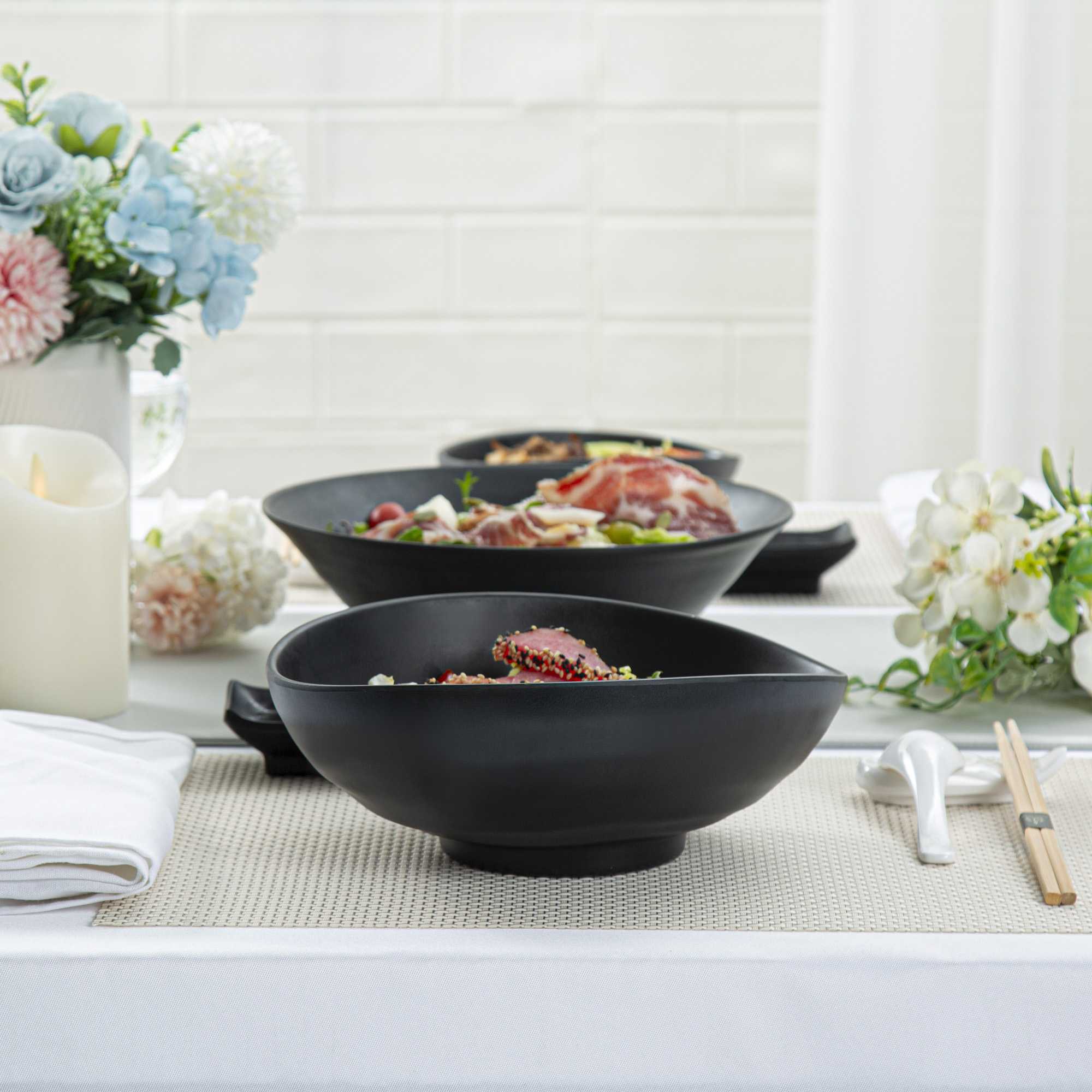 Voga 44 oz Round Black Melamine Freeform Large Bowl - Japonais, Black Stone - 9 1/2" x 7 3/4" x 3 1/2" - 2 count box