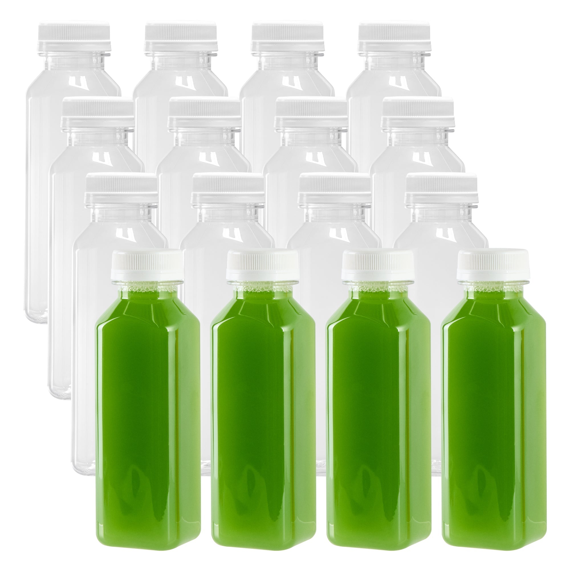 Bottle Tek 12 oz Square Clear Plastic Cold Pressed Juice Bottle - with Safety Cap - 2" x 2" x 6 1/2" - 100 count box