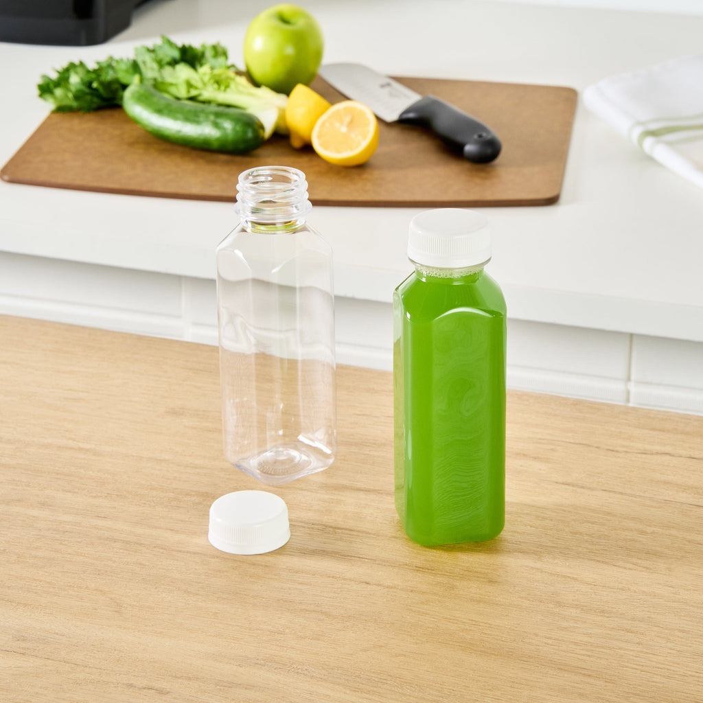 Bottle Tek 12 oz Square Clear Plastic Cold Pressed Juice Bottle - with Safety Cap - 2" x 2" x 6 1/2" - 100 count box