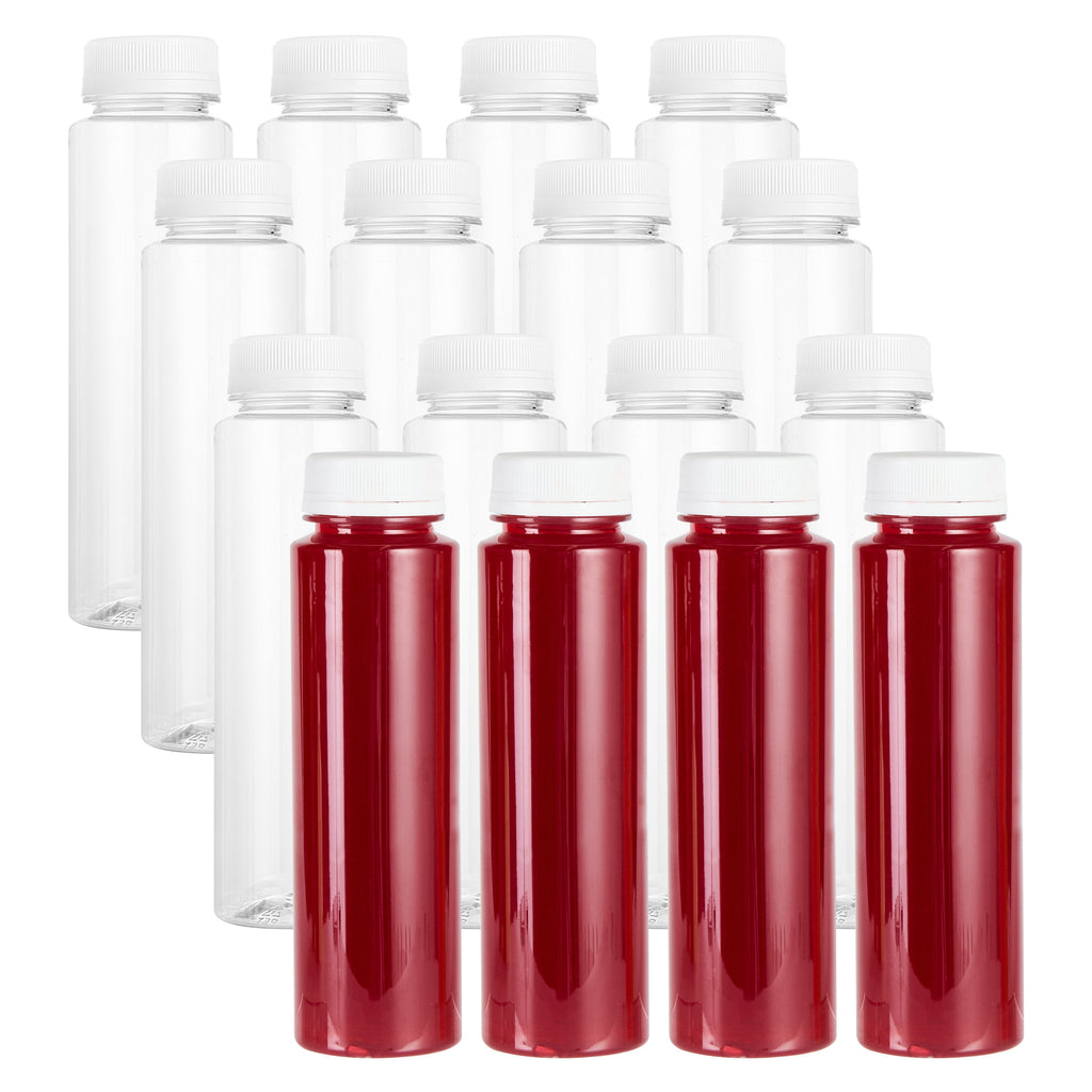 Bottle Tek 8 oz Round Clear Plastic Cold Pressed Juice Bottle - with Safety Cap - 2" x 2" x 6 3/4" - 100 count box