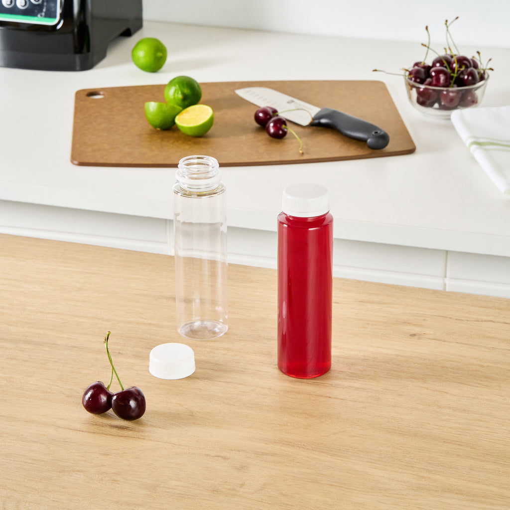 Bottle Tek 8 oz Round Clear Plastic Cold Pressed Juice Bottle - with Safety Cap - 2" x 2" x 6 3/4" - 100 count box