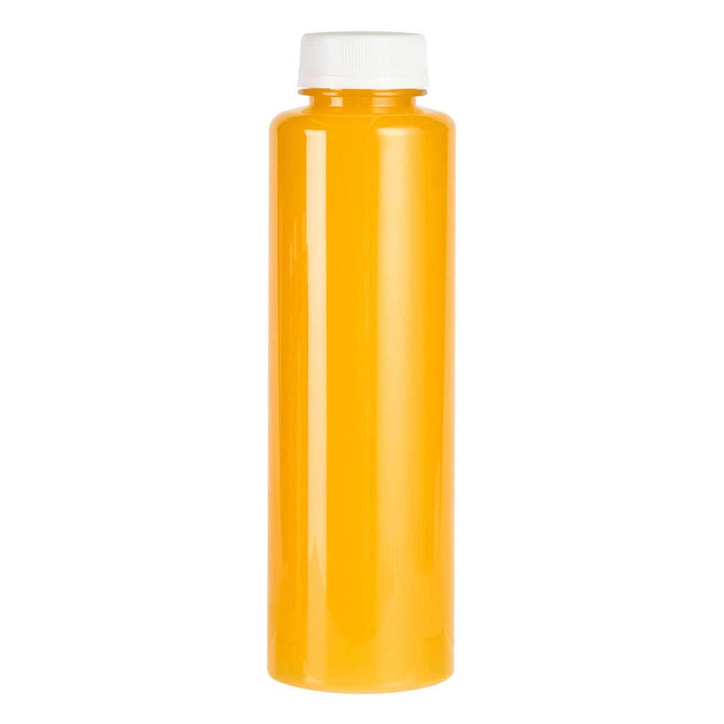 Bottle Tek 16 oz Round Clear Plastic Cold Pressed Juice Bottle - with Safety Cap - 2 1/4" x 2 1/4" x 8 1/4" - 100 count box