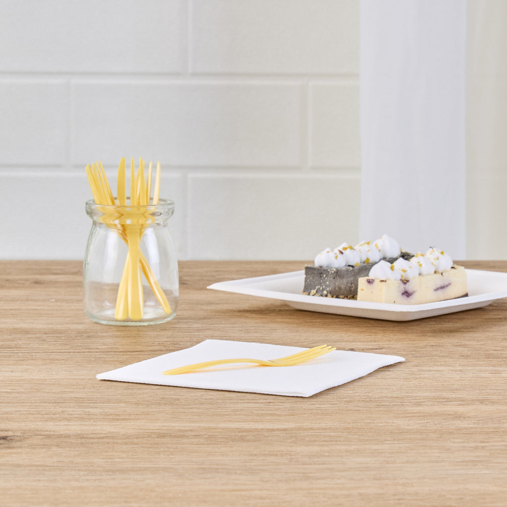 Coppetta Baby Yellow Plastic Cake Fork with Knife Edge - 4" x 3/4" - 500 count box