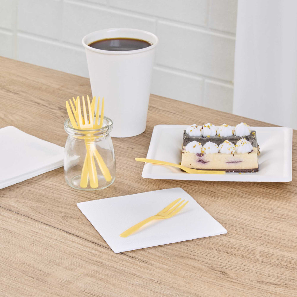 Coppetta Baby Yellow Plastic Cake Fork with Knife Edge - 4" x 3/4" - 100 count box