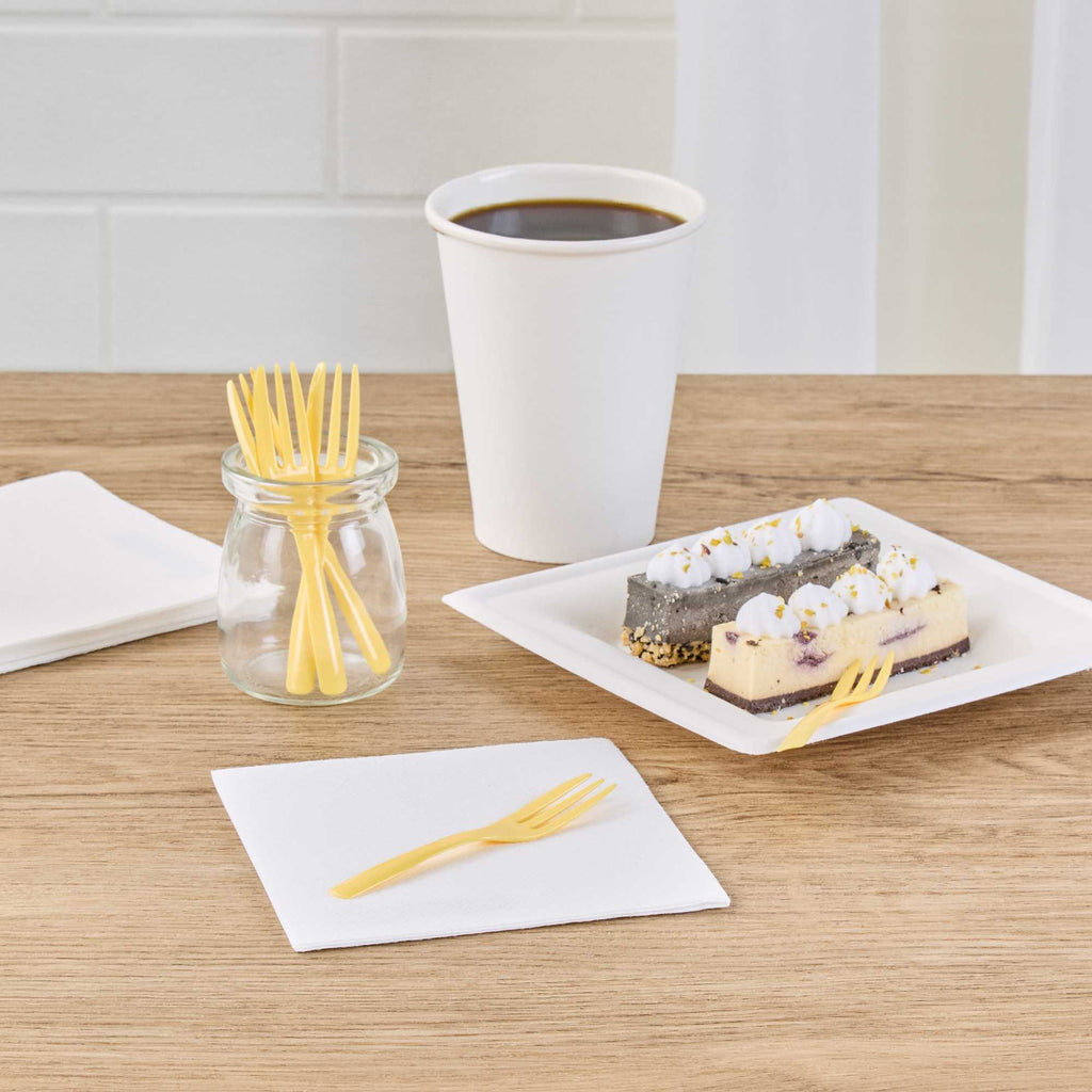 Coppetta Baby Yellow Plastic Cake Fork with Knife Edge - 4" x 3/4" - 100 count box