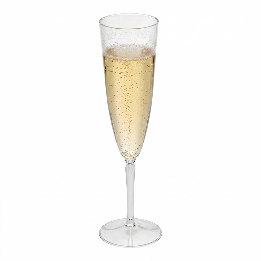 Bev Tek 4 oz Clear Plastic Wedding Champagne Flute - 1-Piece - 7 1/2" x 2 1/4" x 2 1/4" - 20 count box