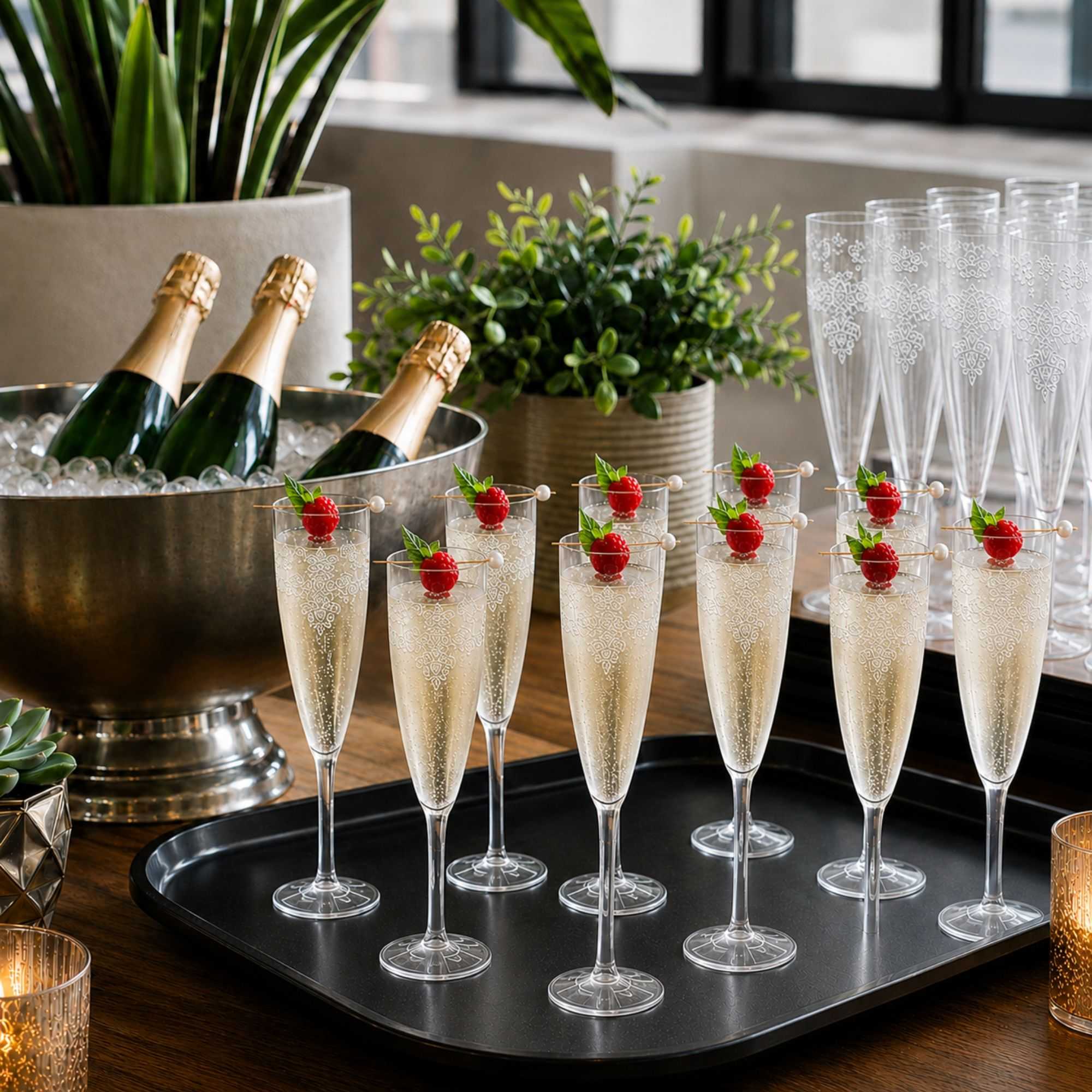 Bev Tek 4 oz Clear Plastic Wedding Champagne Flute - 1-Piece - 2 1/4" x 2 1/4" x 7 1/2" - 100 count box