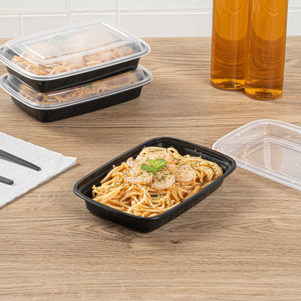 Asporto 16 oz Rectangle Black Plastic To Go Box - with Clear Lid, Microwavable - 7 3/4" x 5 1/2" x 1 1/2" - 50 count box
