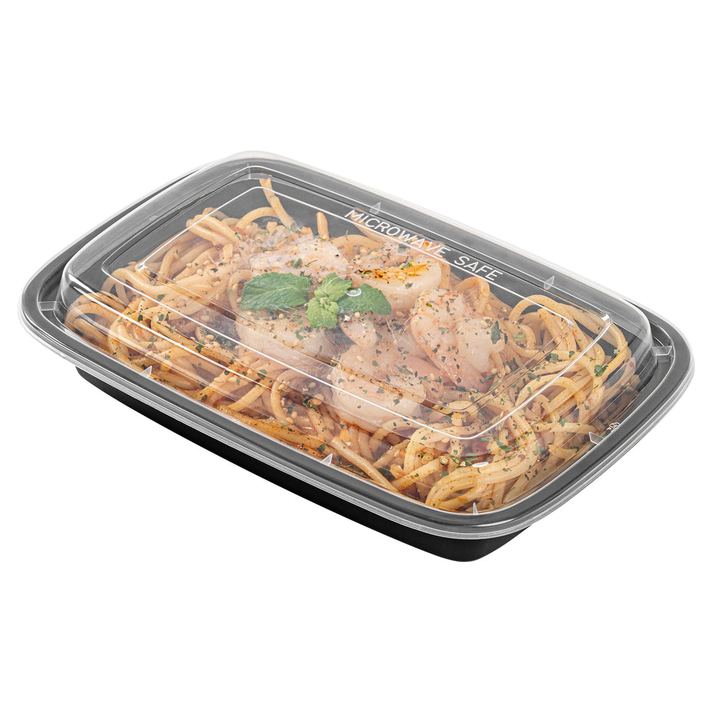 Asporto 16 oz Rectangle Black Plastic To Go Box - with Clear Lid, Microwavable - 7 3/4" x 5 1/2" x 1 1/2" - 50 count box