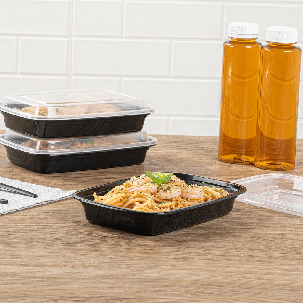 Asporto 16 oz Rectangle Black Plastic To Go Box - with Clear Lid, Microwavable - 7 3/4" x 5 1/2" x 1 1/2" - 50 count box