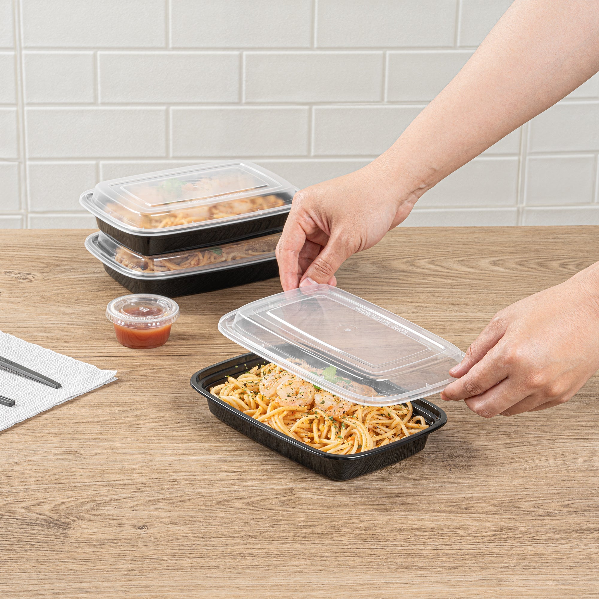Asporto 16 oz Rectangle Black Plastic To Go Box - with Clear Lid, Microwavable - 7 3/4" x 5 1/2" x 1 1/2" - 50 count box