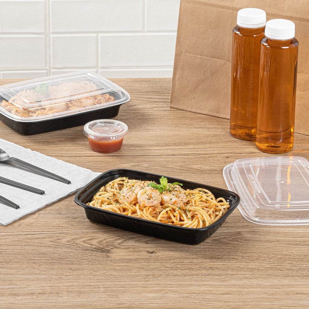 Asporto 16 oz Rectangle Black Plastic To Go Box - with Clear Lid, Microwavable - 7 3/4" x 5 1/2" x 1 1/2" - 50 count box