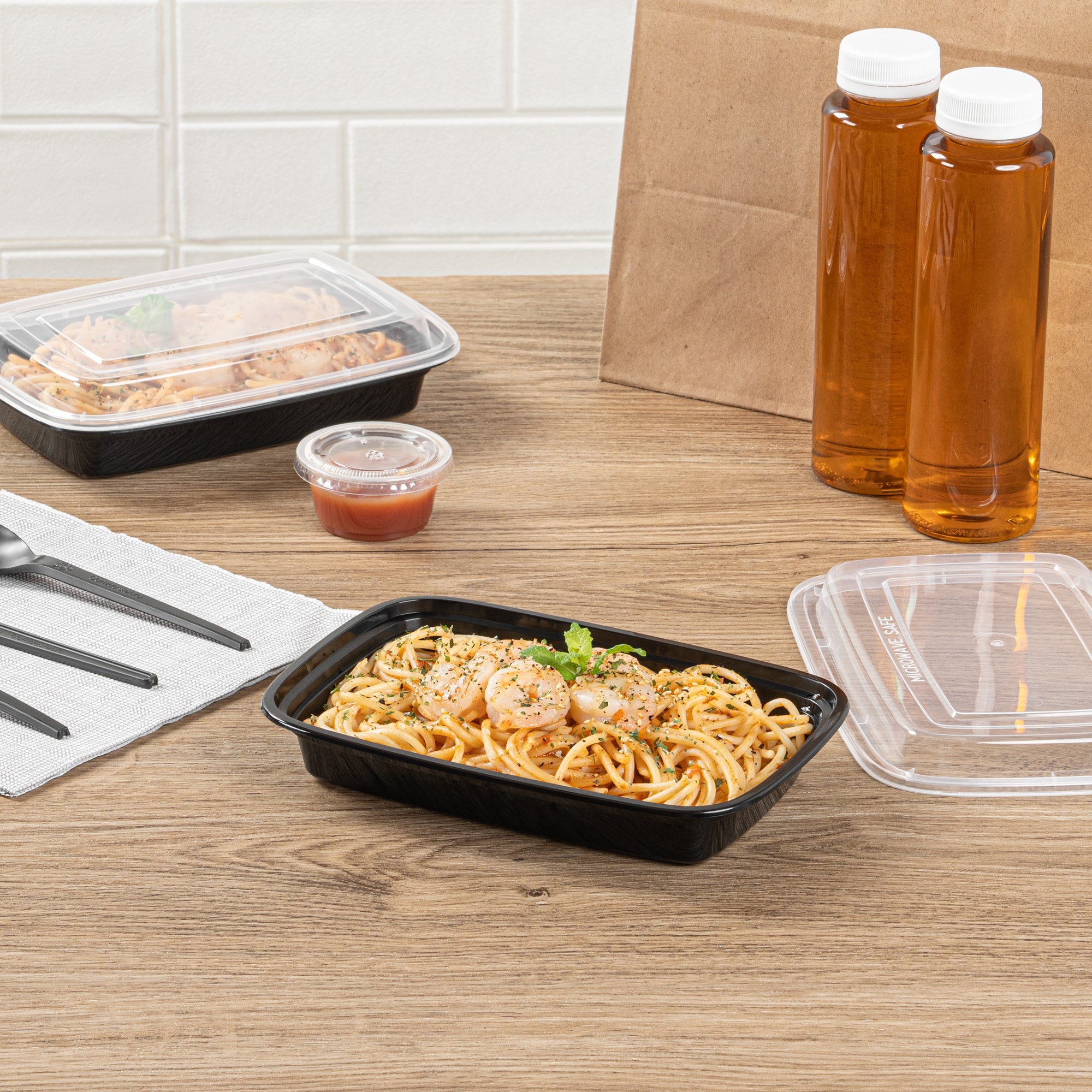 Asporto 16 oz Rectangle Black Plastic To Go Box - with Clear Lid, Microwavable - 7 3/4" x 5 1/2" x 1 1/2" - 50 count box