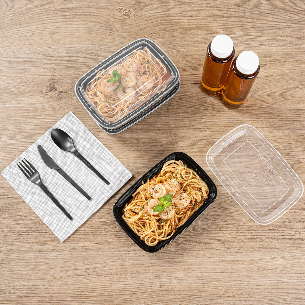 Asporto 16 oz Rectangle Black Plastic To Go Box - with Clear Lid, Microwavable - 7 3/4" x 5 1/2" x 1 1/2" - 50 count box