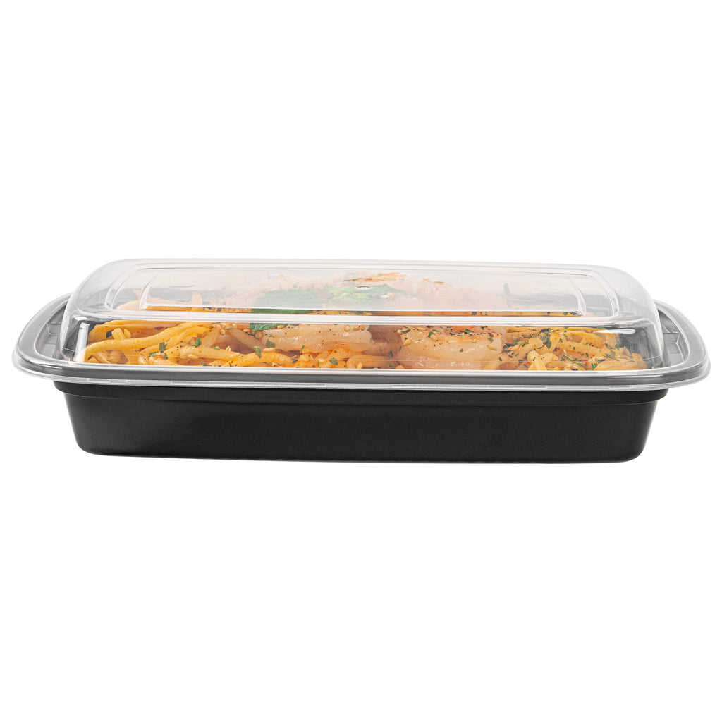 Asporto 16 oz Rectangle Black Plastic To Go Box - with Clear Lid, Microwavable - 7 3/4" x 5 1/2" x 1 1/2" - 100 count box