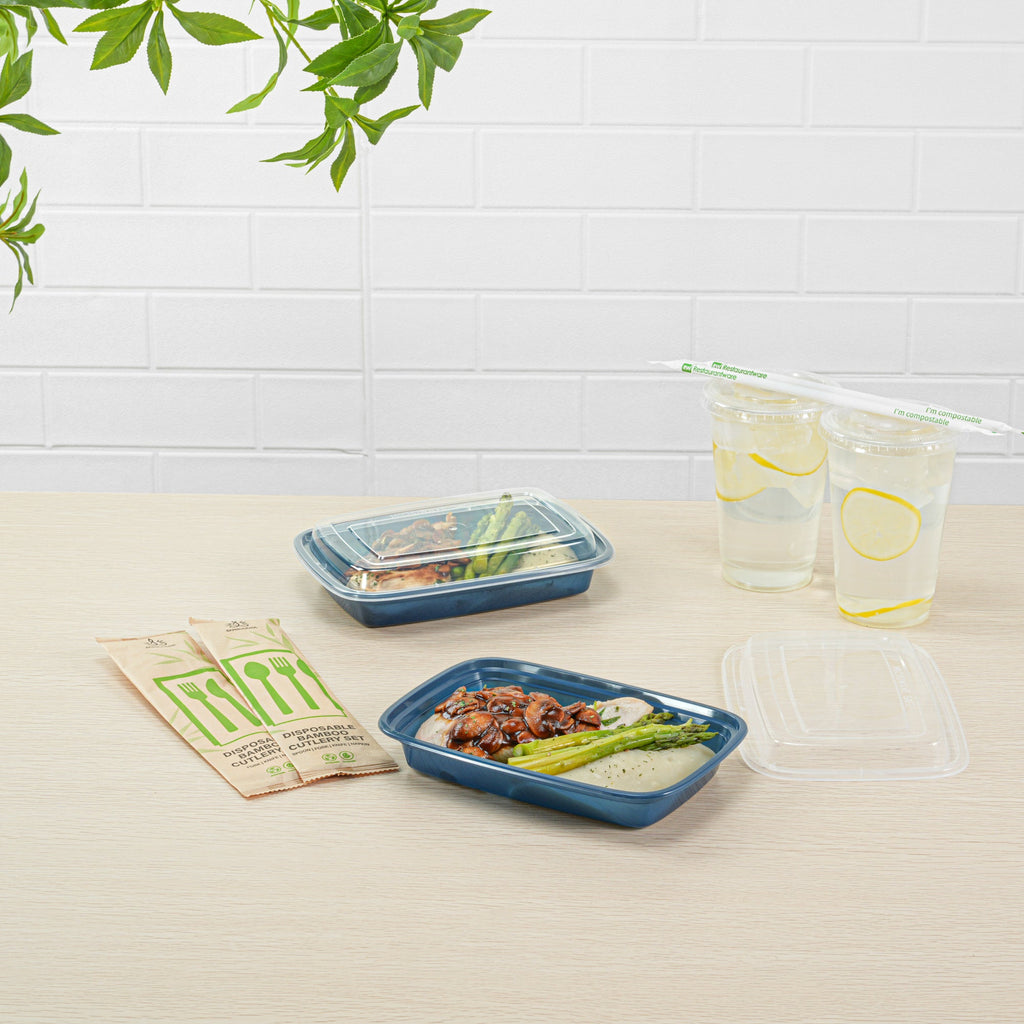 Asporto 16 oz Rectangle Midnight Blue Plastic To Go Box - with Clear Lid, Microwavable - 7 3/4" x 5 1/2" x 1 1/2" - 100 count box