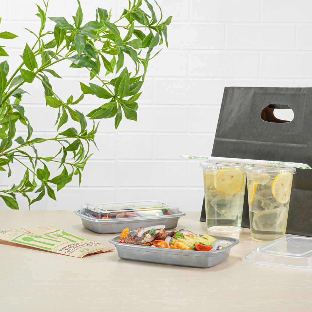 Asporto 16 oz Rectangle Silver Plastic To Go Box - with Clear Lid, Microwavable - 7 3/4" x 5 1/2" x 1 1/2" - 100 count box