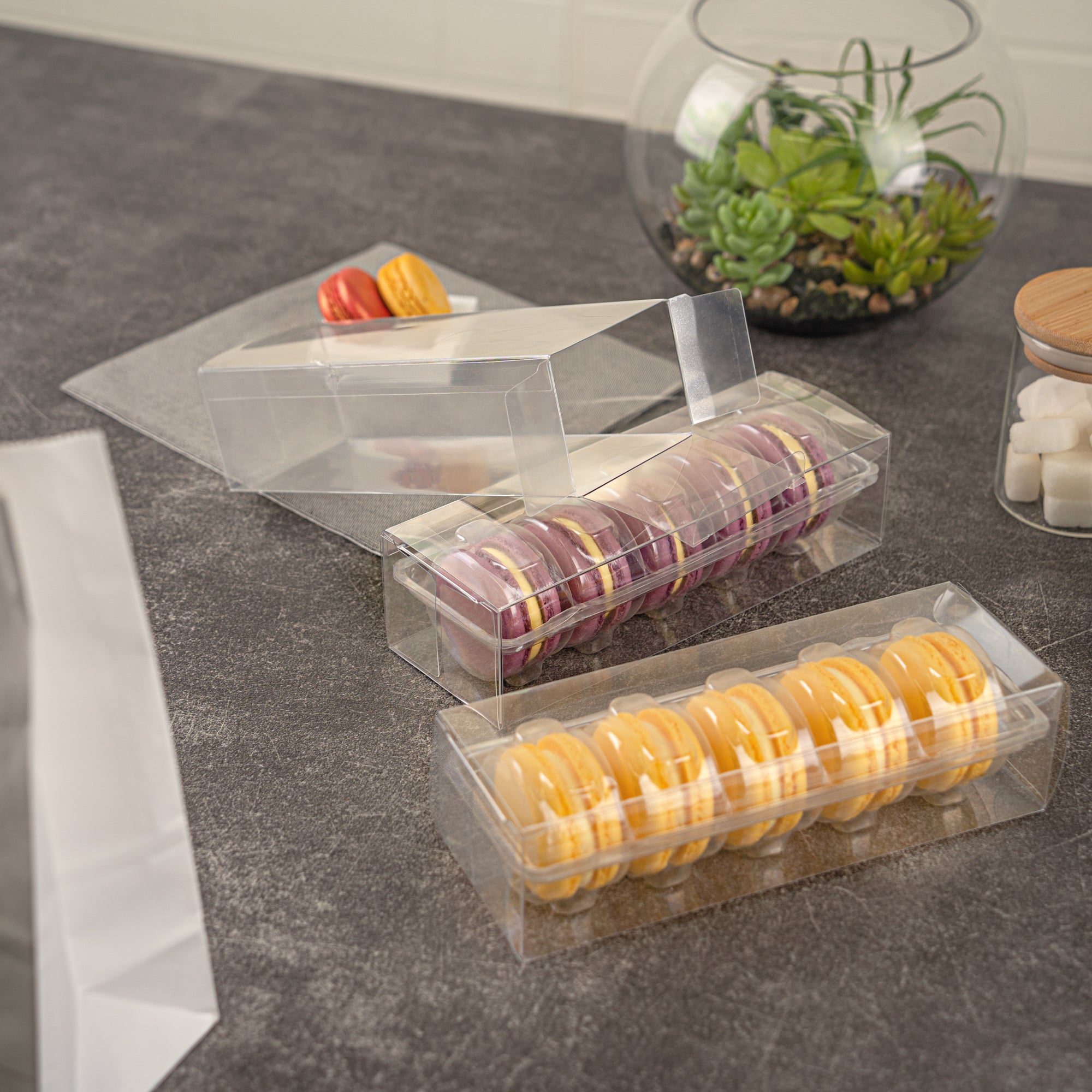 Sweet Vision Clear Plastic French Macaron Box - Fits 5 Macarons - 7 1/2" x 2 1/2" x 2" - 100 count box