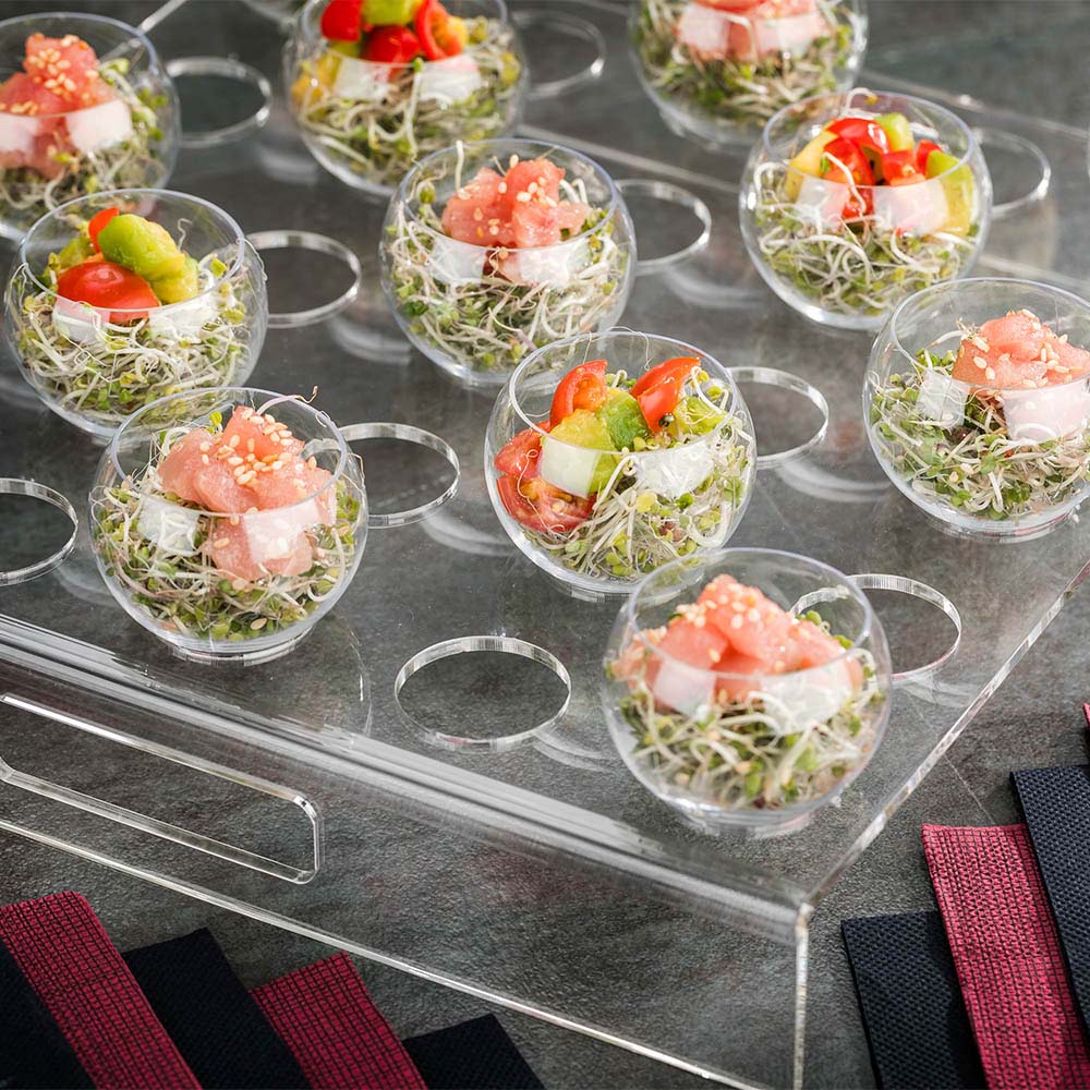 Clear Tek Clear Acrylic Appetizer Cups Serving Tray - 25 slots - 11 3/4" x 11 3/4" x 2" - 1 count box